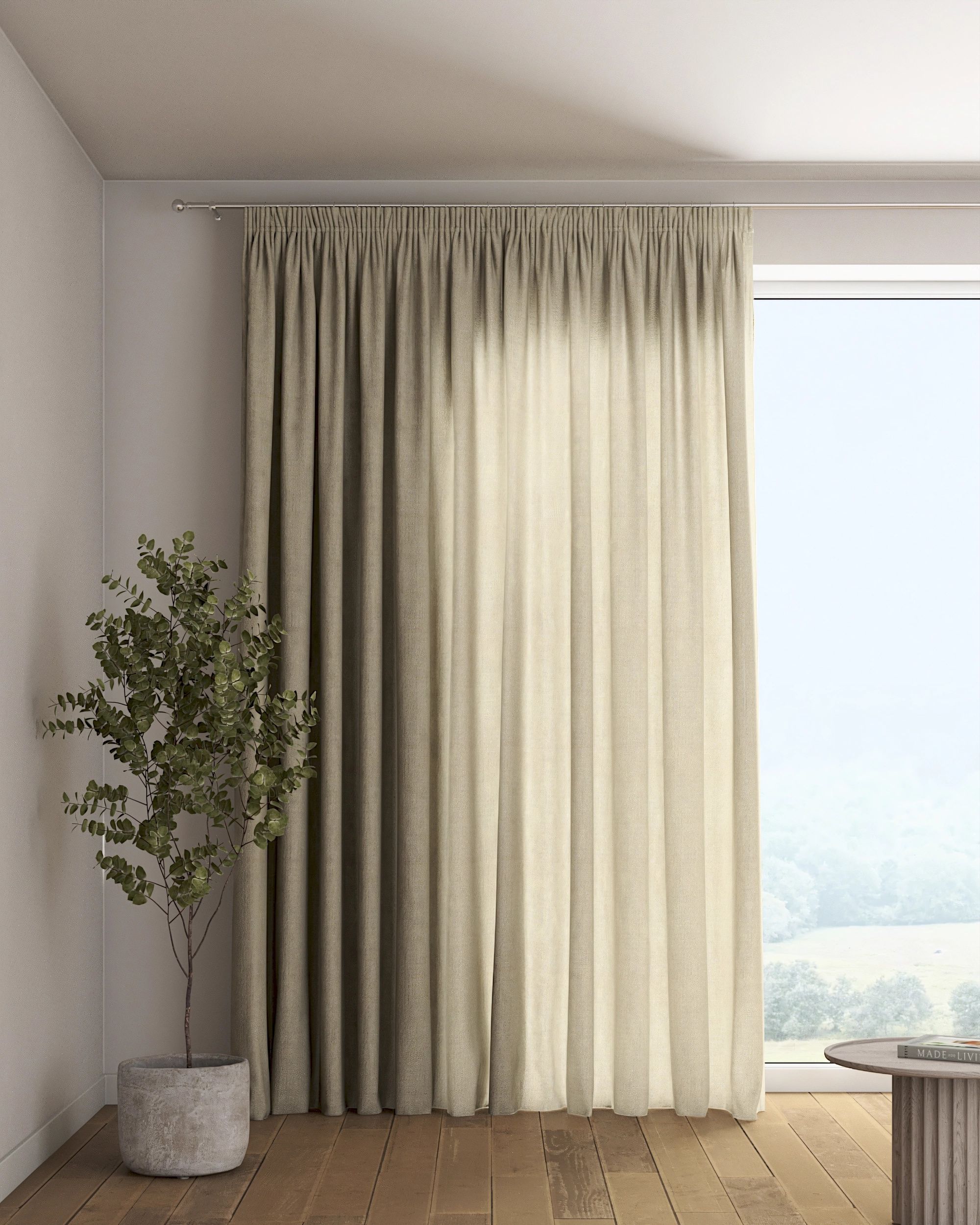Pencil pleat curtain colour beige fabric semi-sheer, gloss, structured