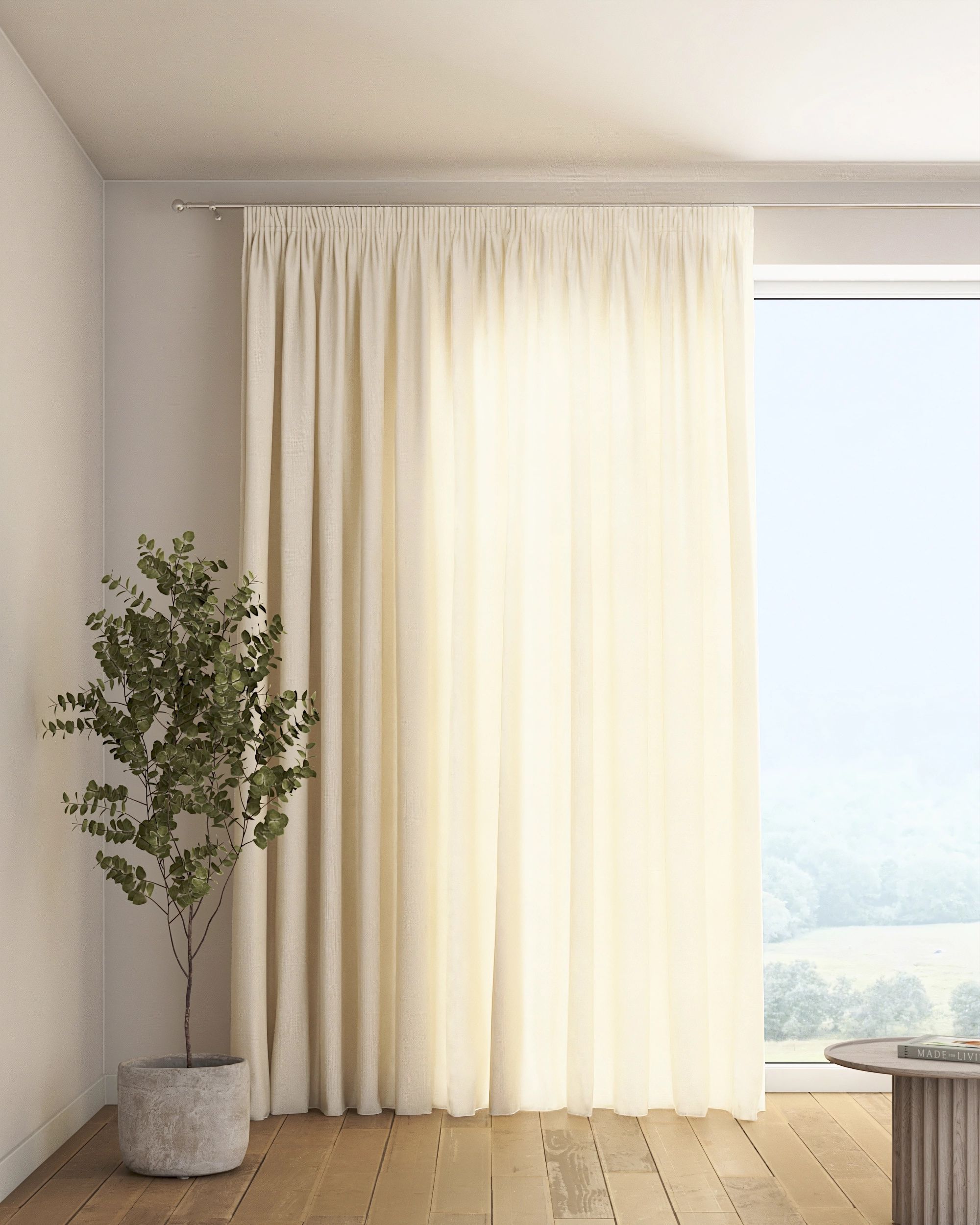 Pencil pleat curtain colour cream fabric semi-sheer, gloss, structured