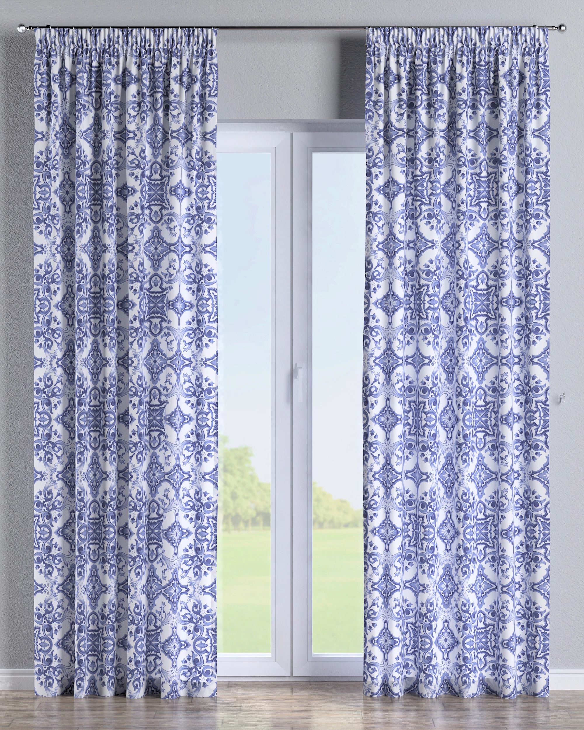 Pencil pleat curtain colour blue fabric patterned