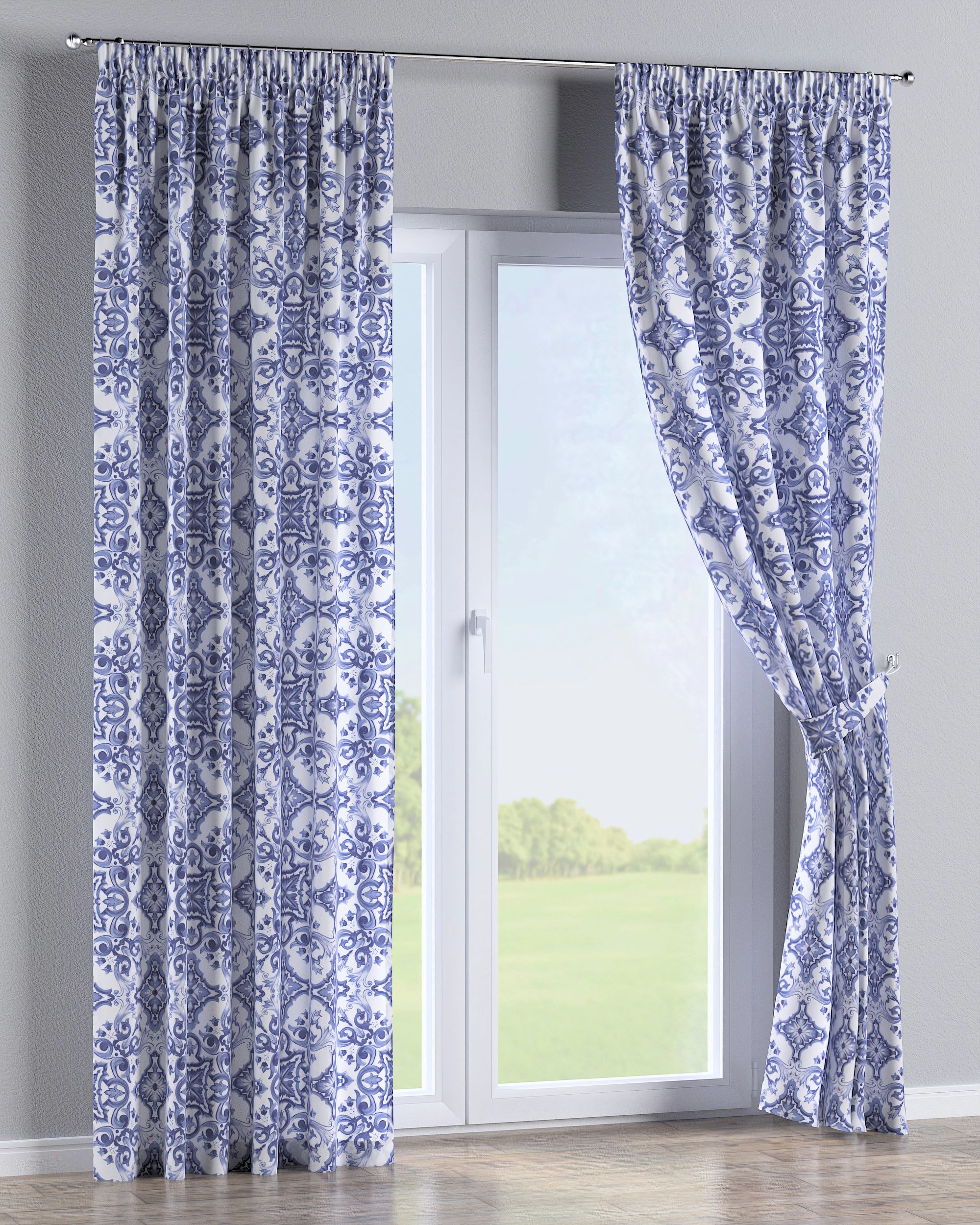 Pencil pleat curtain colour blue fabric patterned (hover)