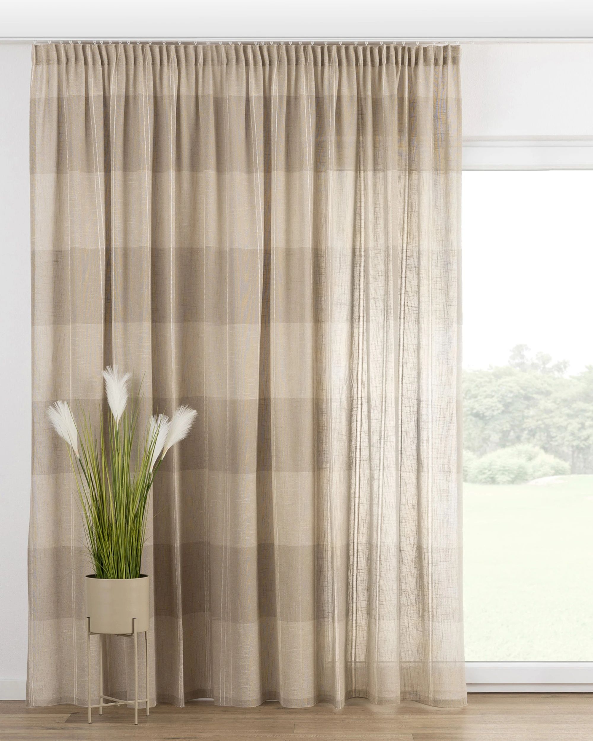 Pencil pleat curtain colour beige fabric semi-sheer, structured, patterned