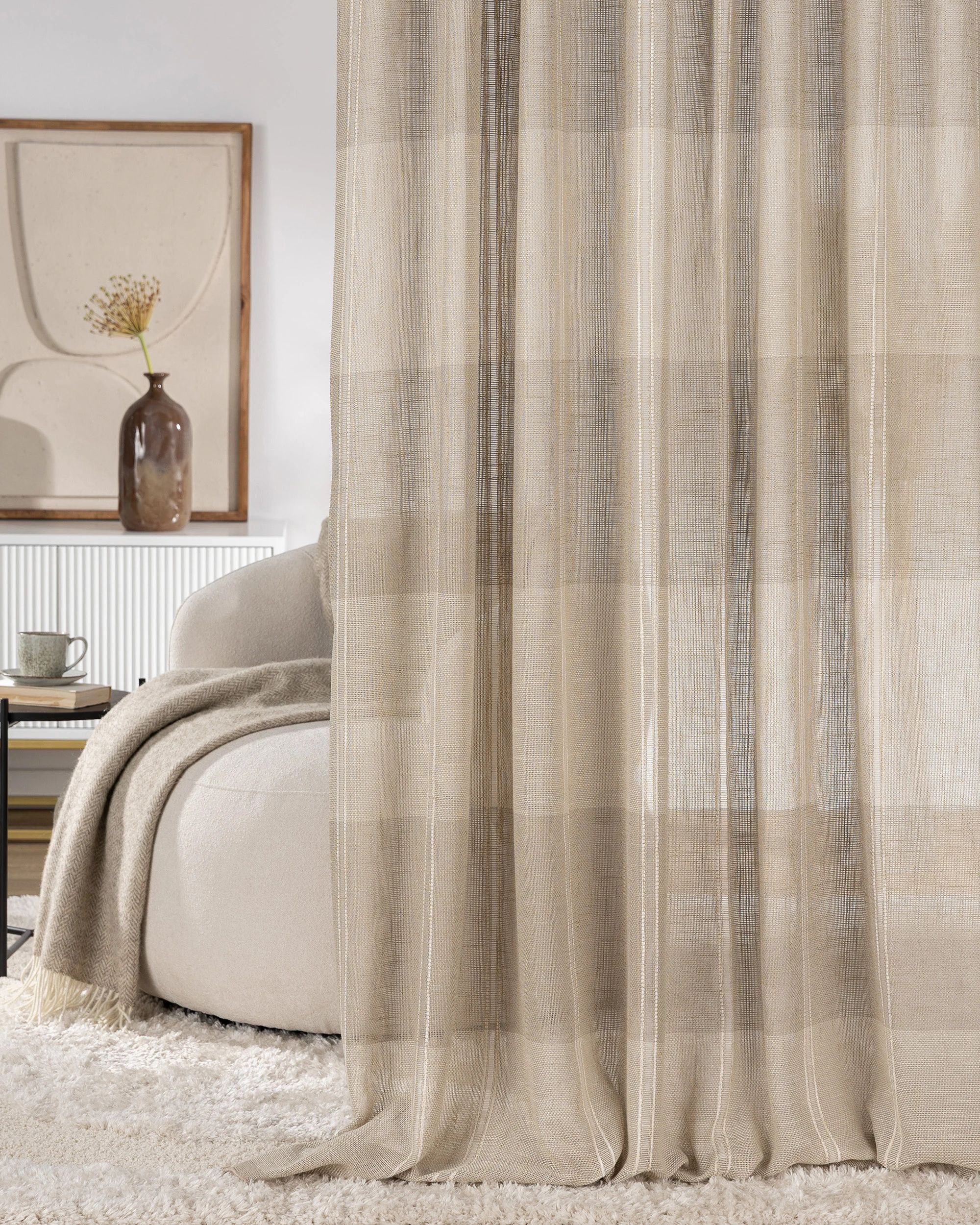 Pencil pleat curtain colour beige fabric semi-sheer, structured, patterned (hover)