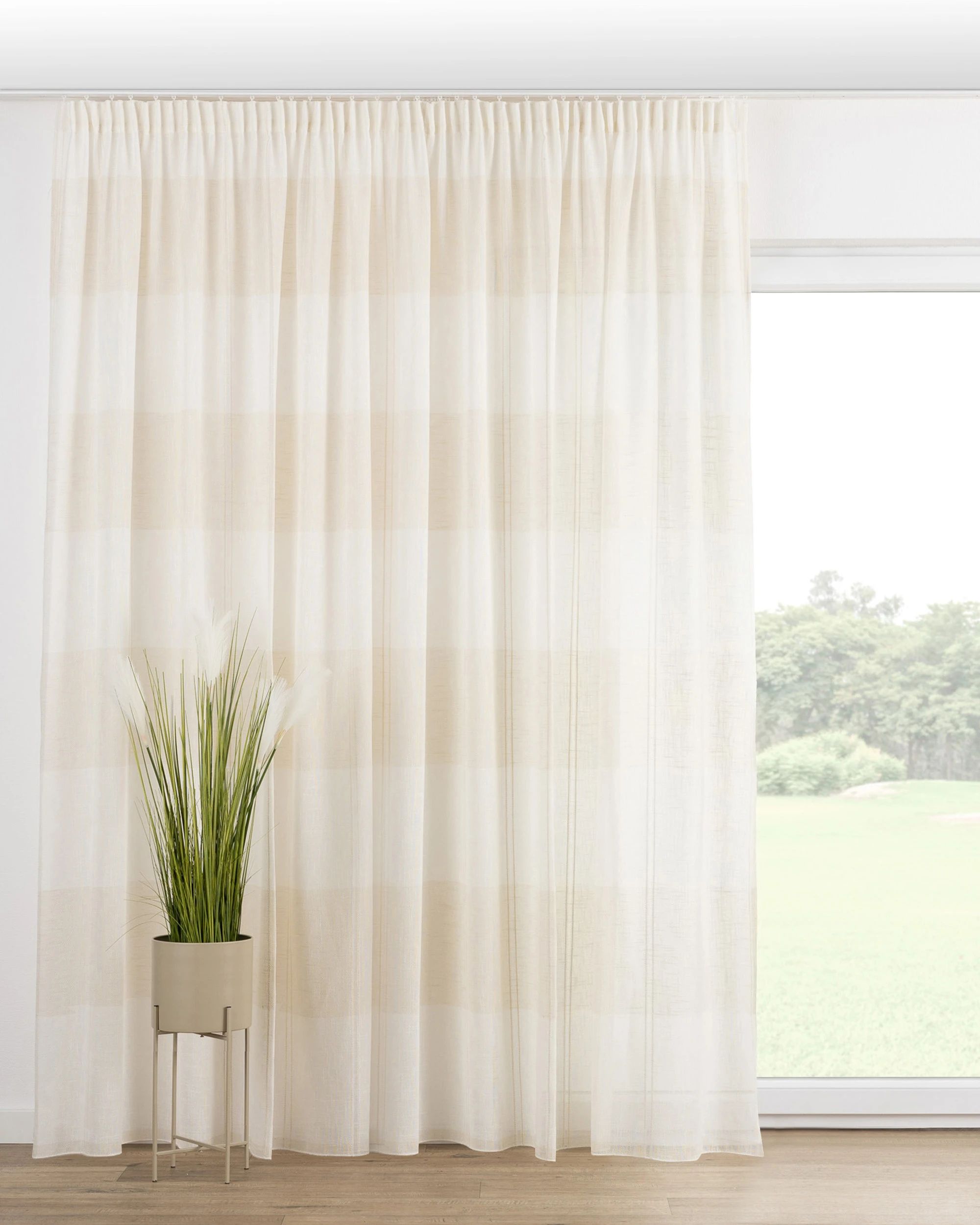 Pencil pleat curtain colour cream fabric semi-sheer, structured, patterned