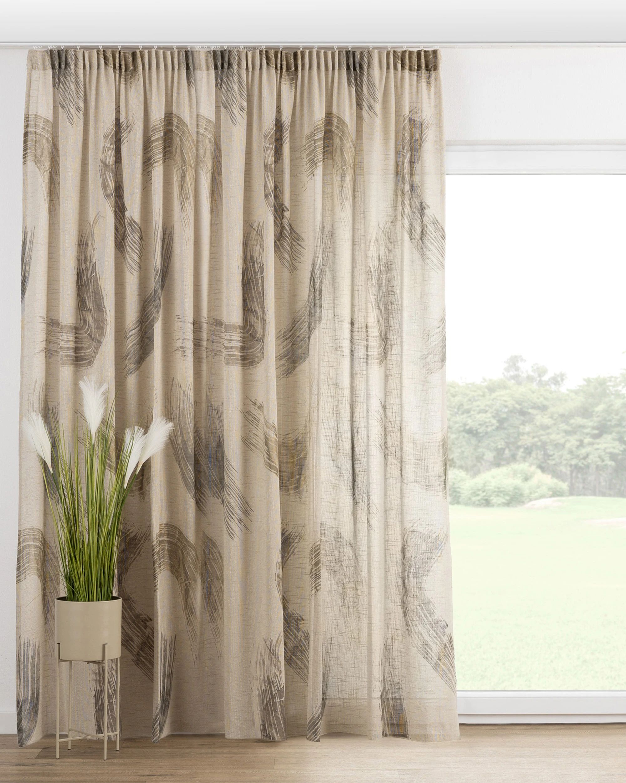 Pencil pleat curtain colour beige fabric semi-sheer, structured, patterned