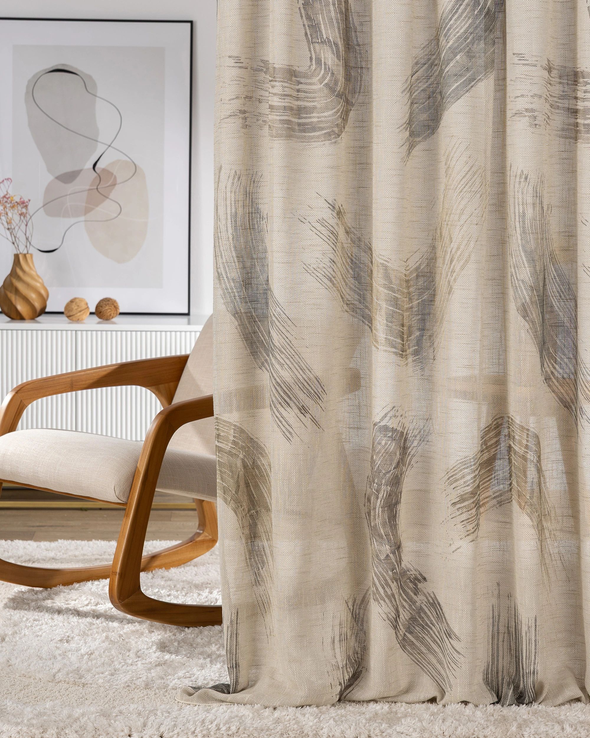 Pencil pleat curtain colour beige fabric semi-sheer, structured, patterned (hover)