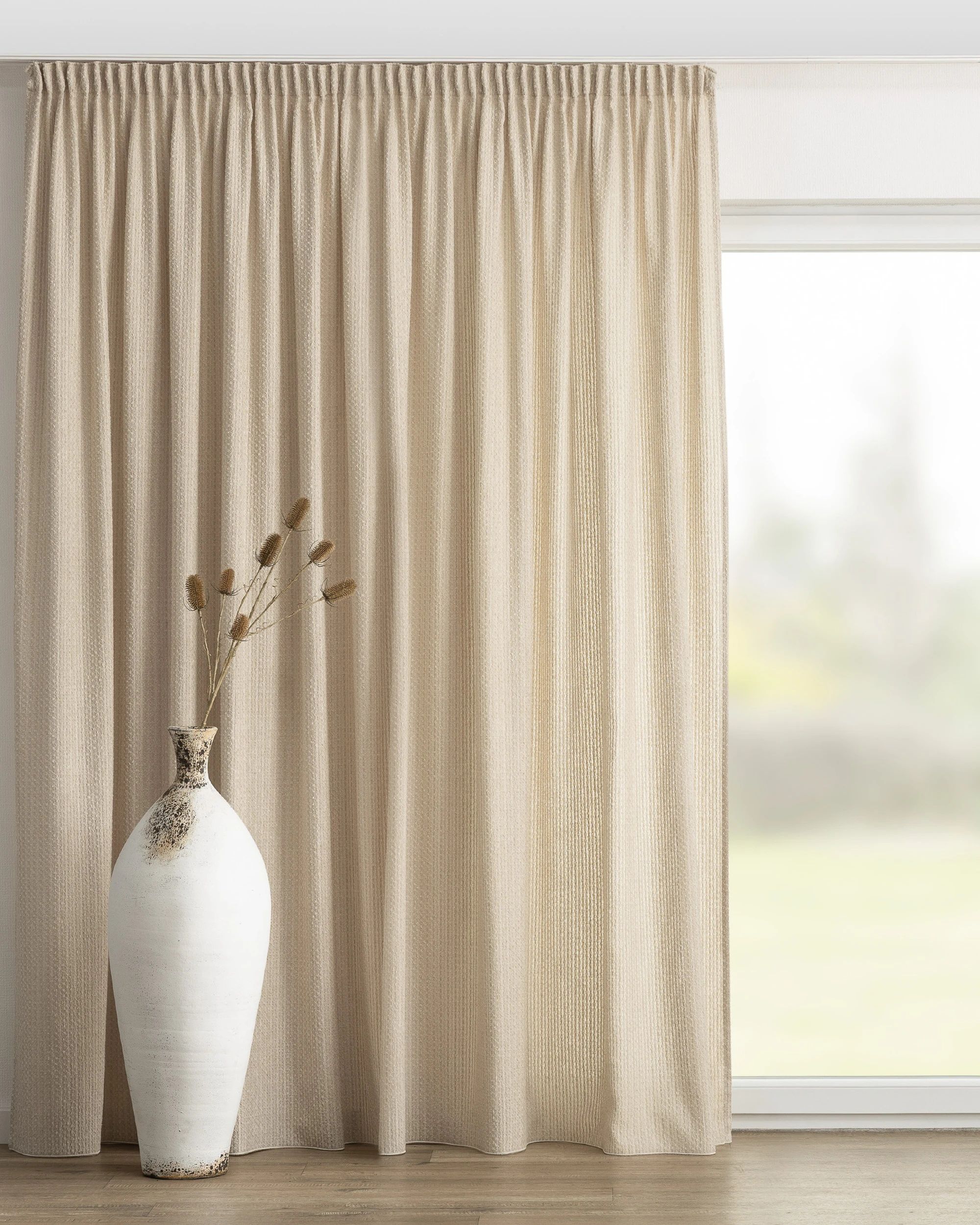 Pencil pleat curtain colour beige fabric structured