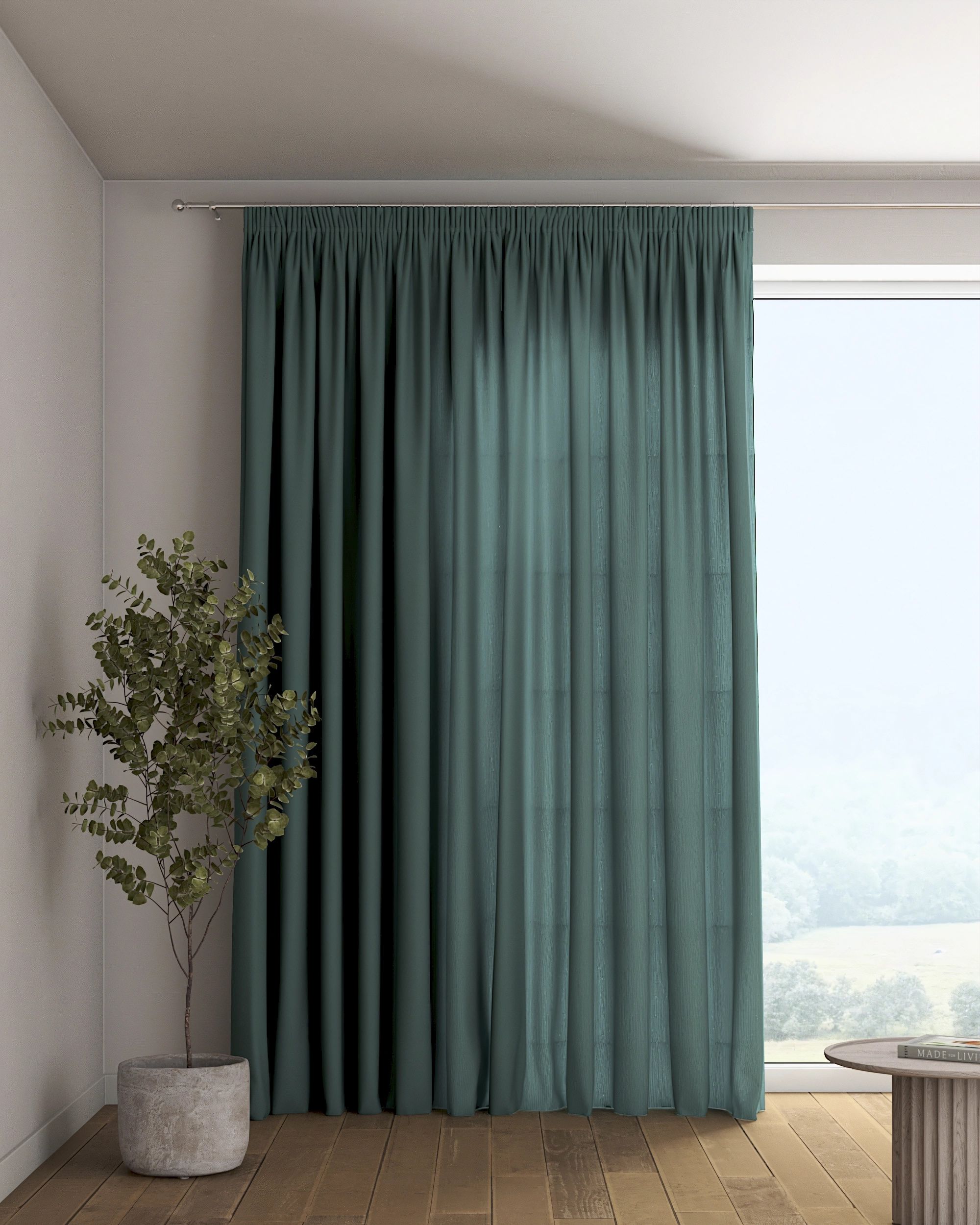Pencil pleat curtain colour green fabric semi-sheer, structured