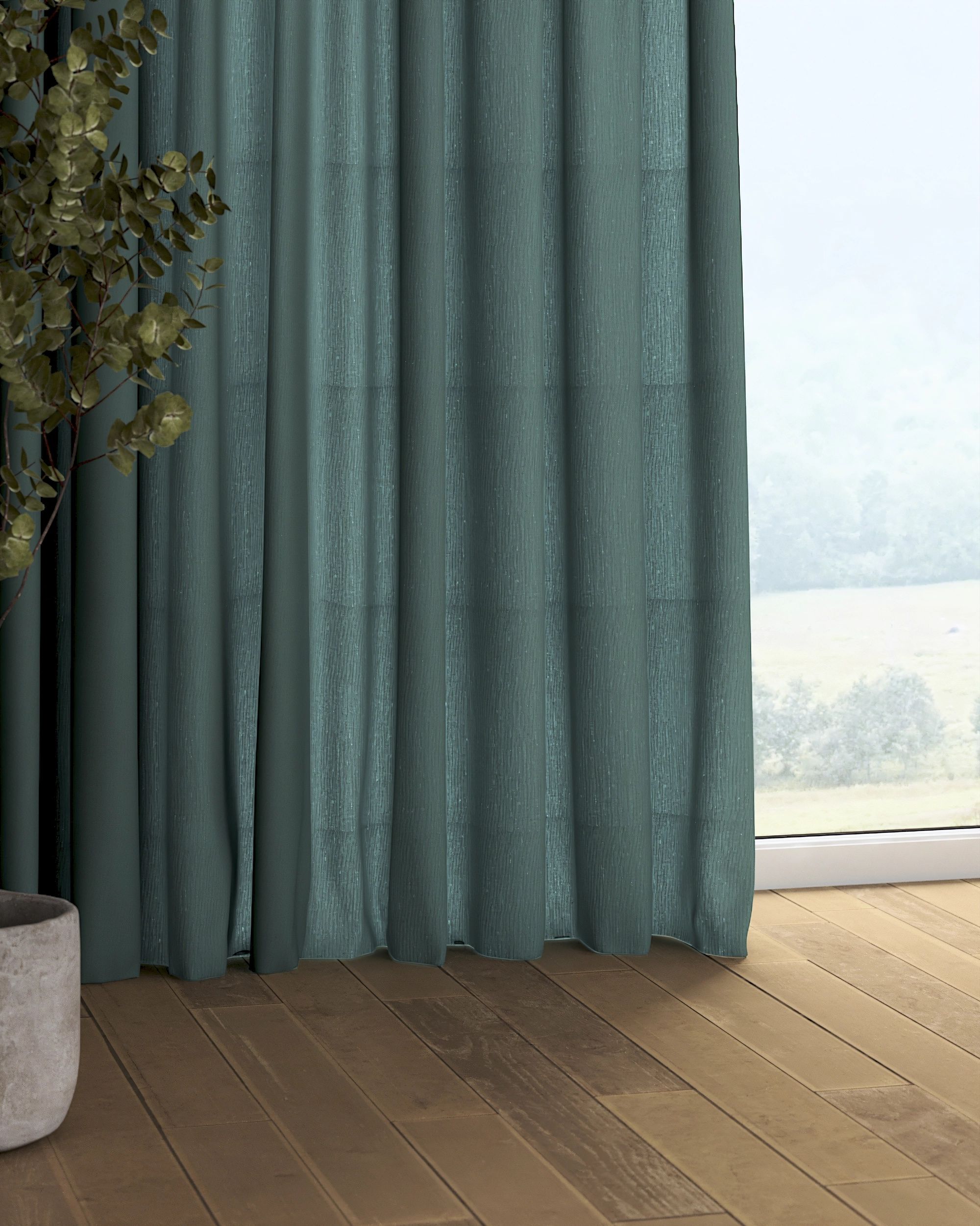 Pencil pleat curtain colour green fabric semi-sheer, structured (hover)