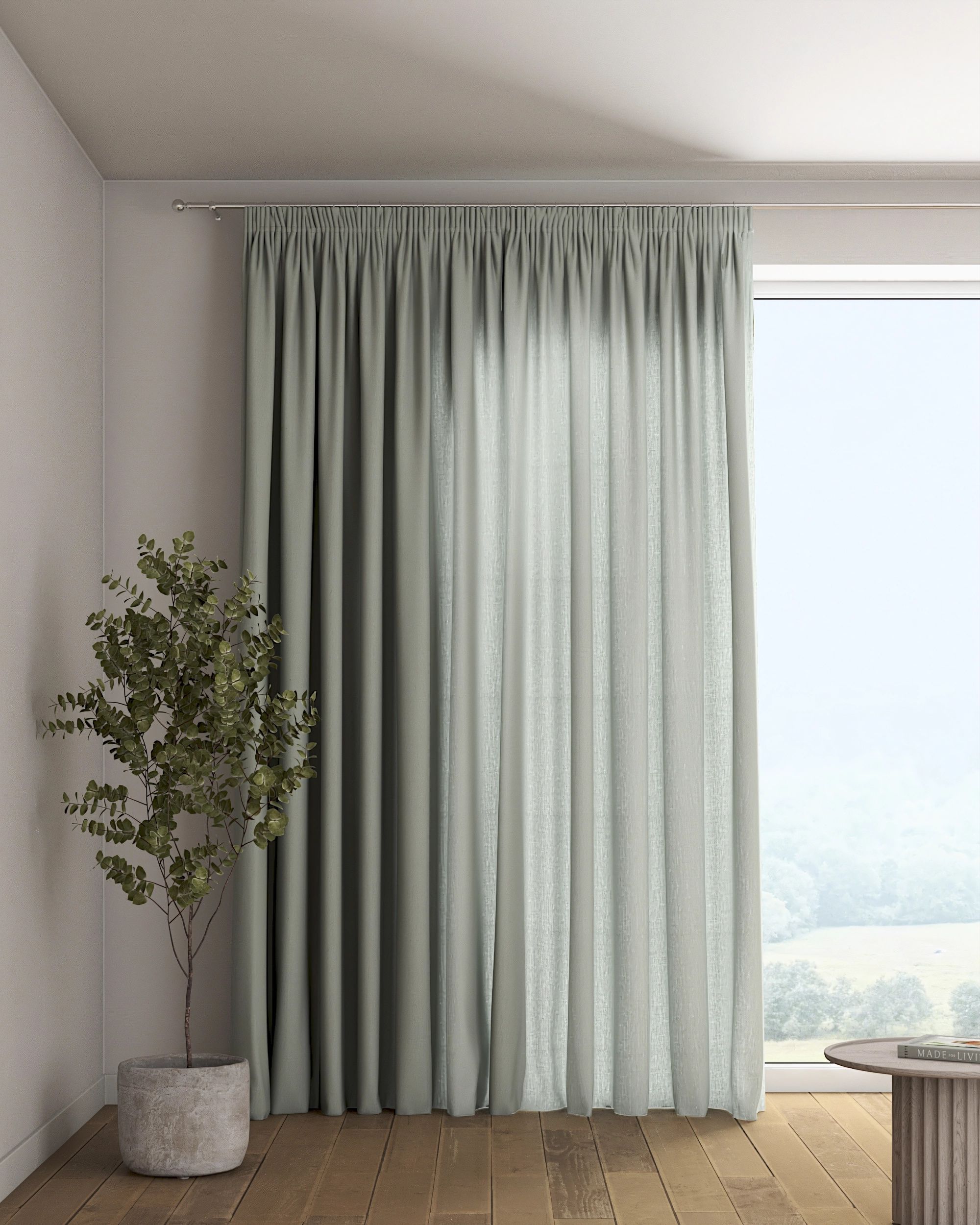 Pencil pleat curtain colour grey fabric semi-sheer, structured