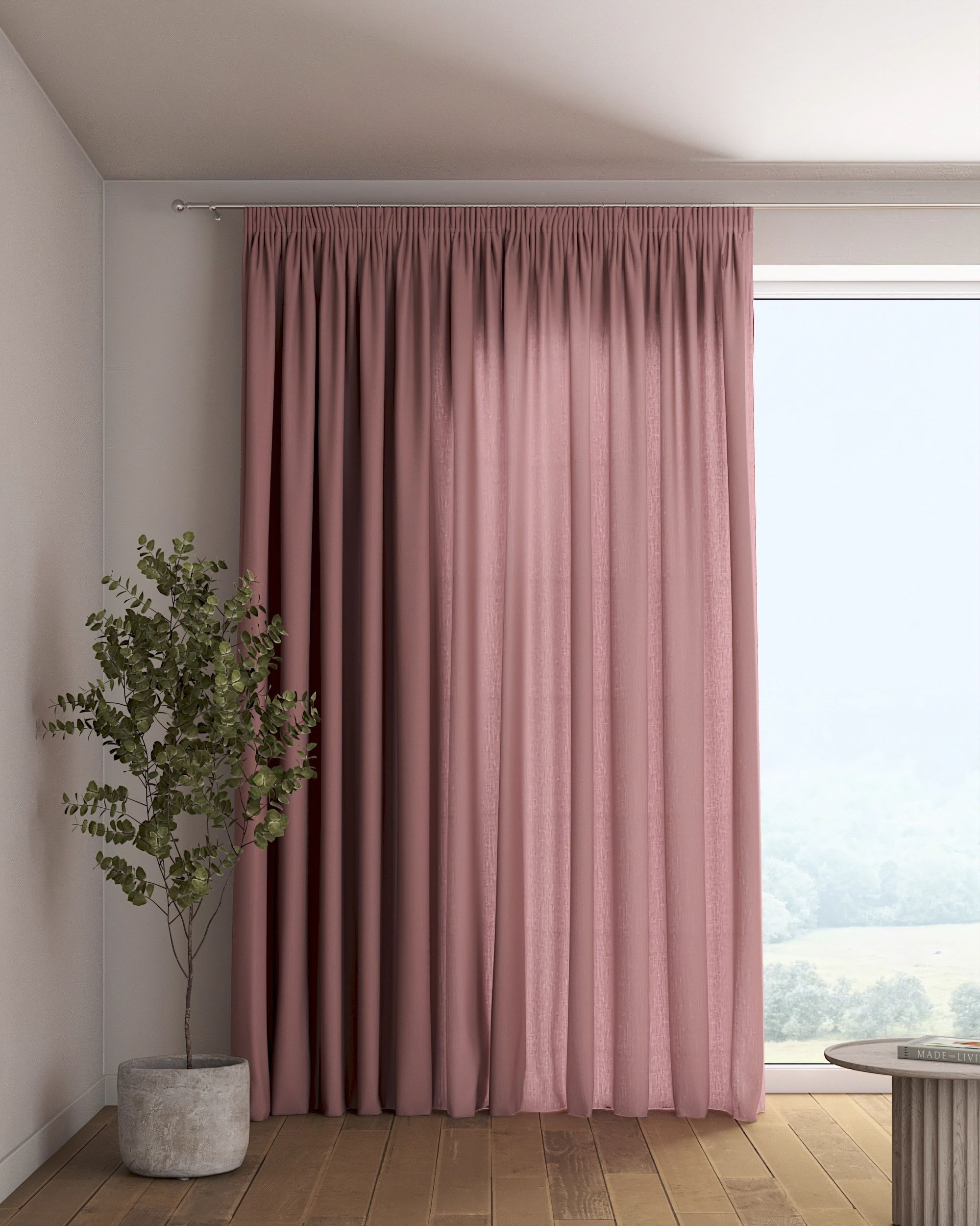 Pencil pleat curtain colour pink fabric semi-sheer, structured