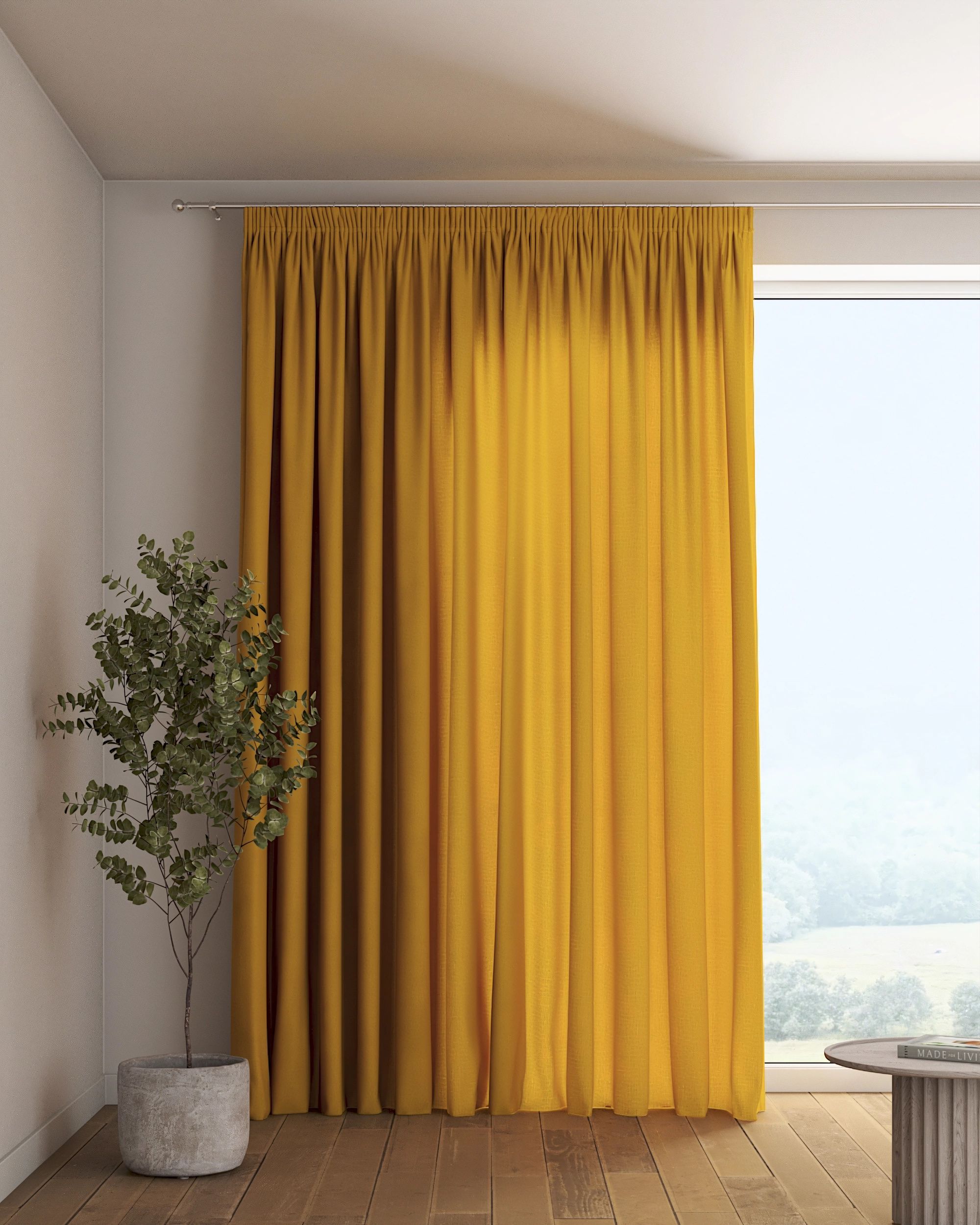 Pencil pleat curtain colour yellow fabric semi-sheer, structured
