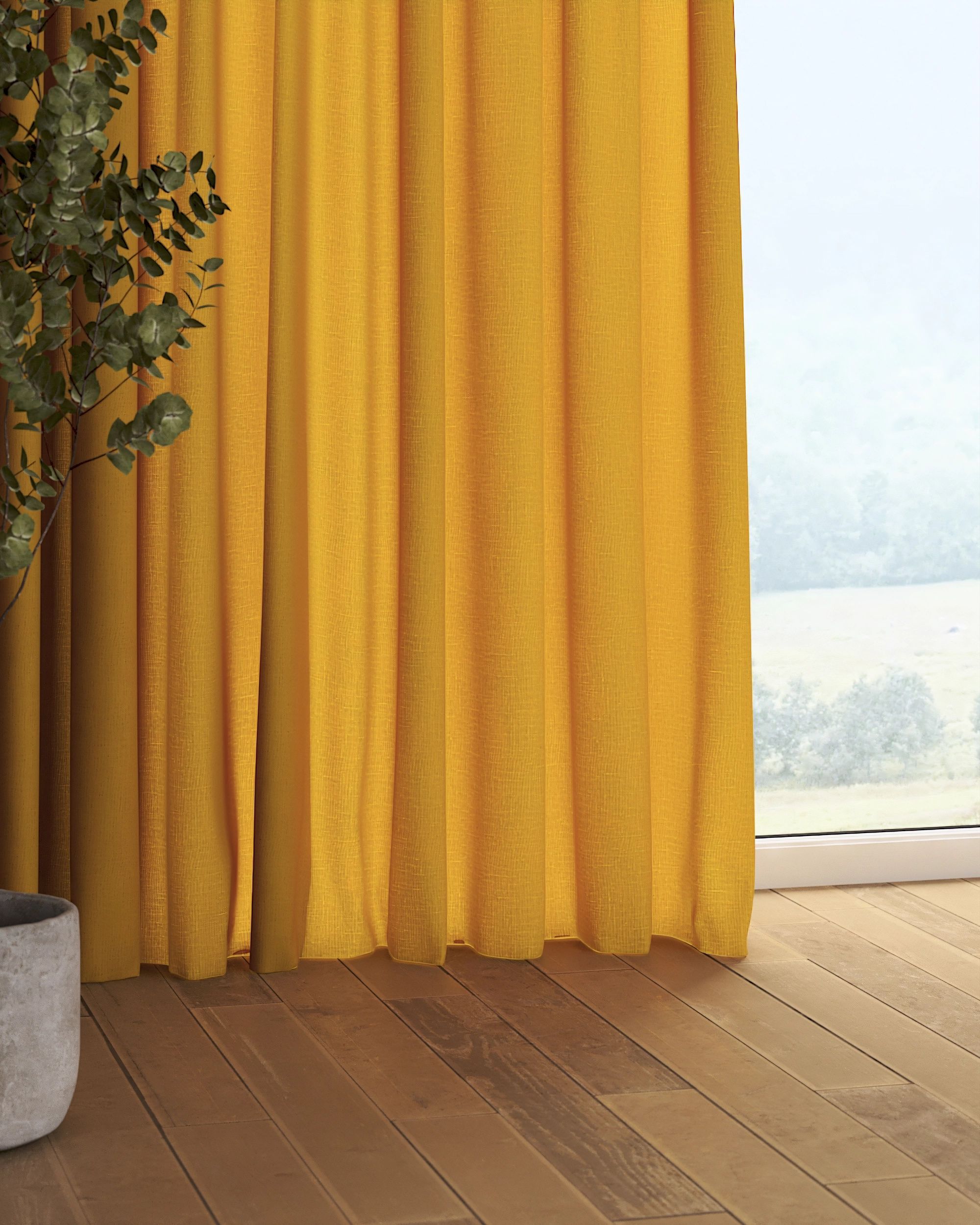 Pencil pleat curtain colour yellow fabric semi-sheer, structured (hover)