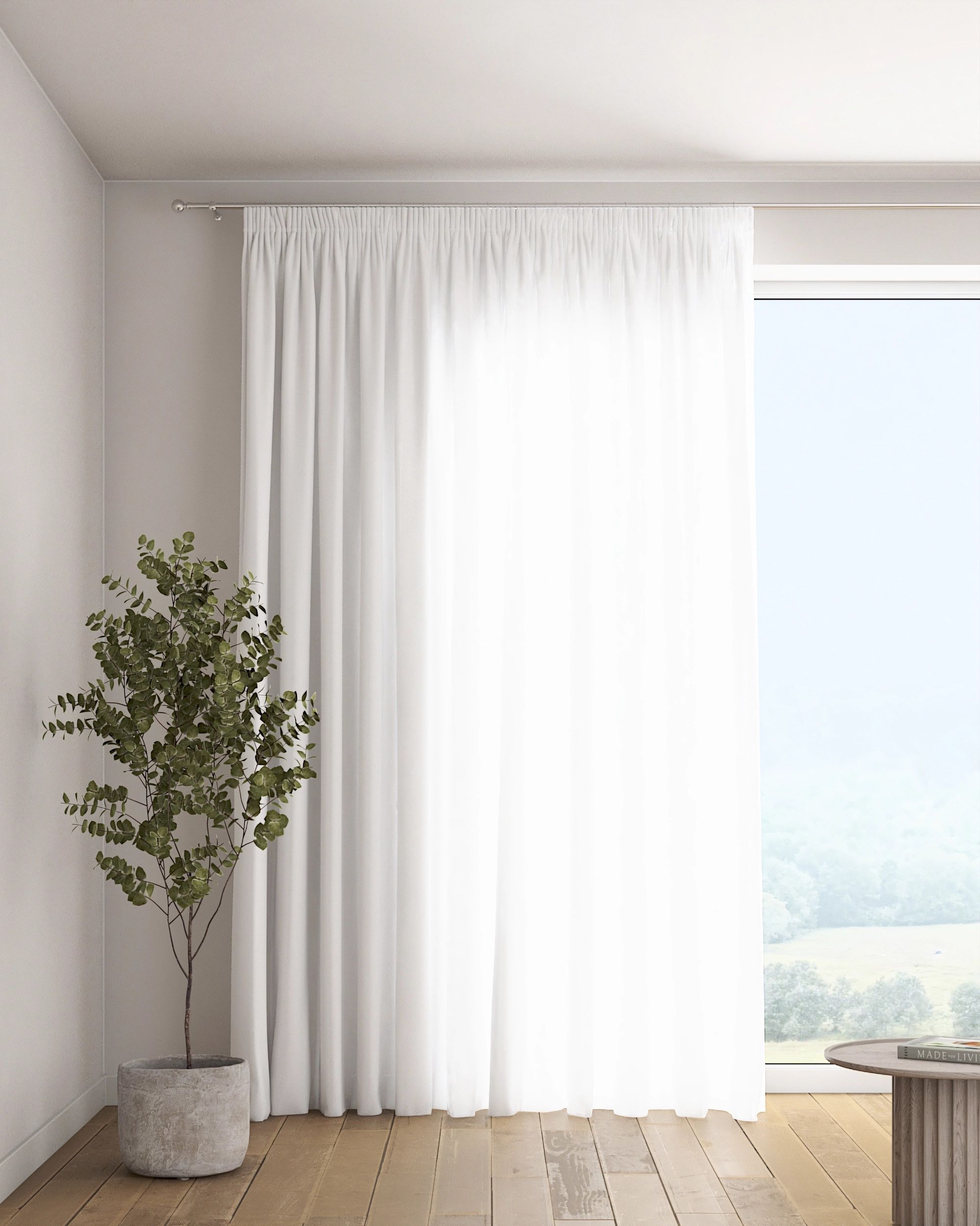 Pencil pleat curtain colour white fabric semi-sheer, structured