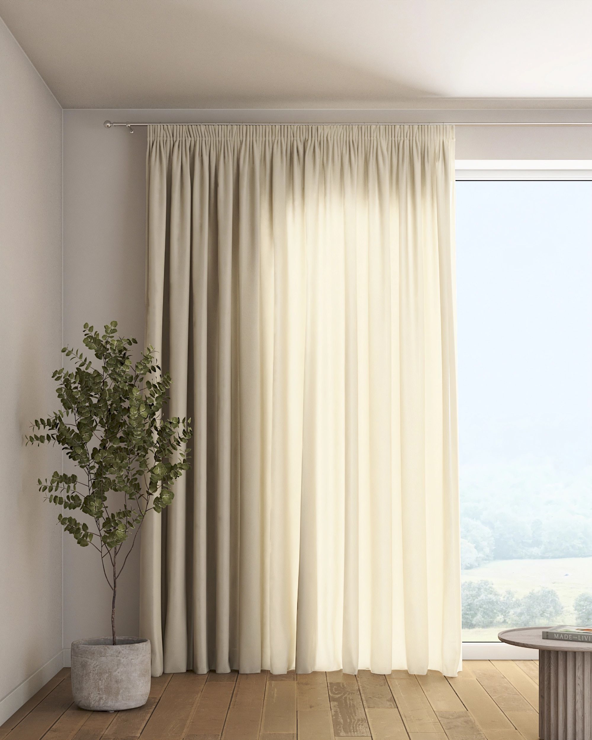 Pencil pleat curtain colour beige fabric semi-sheer, structured