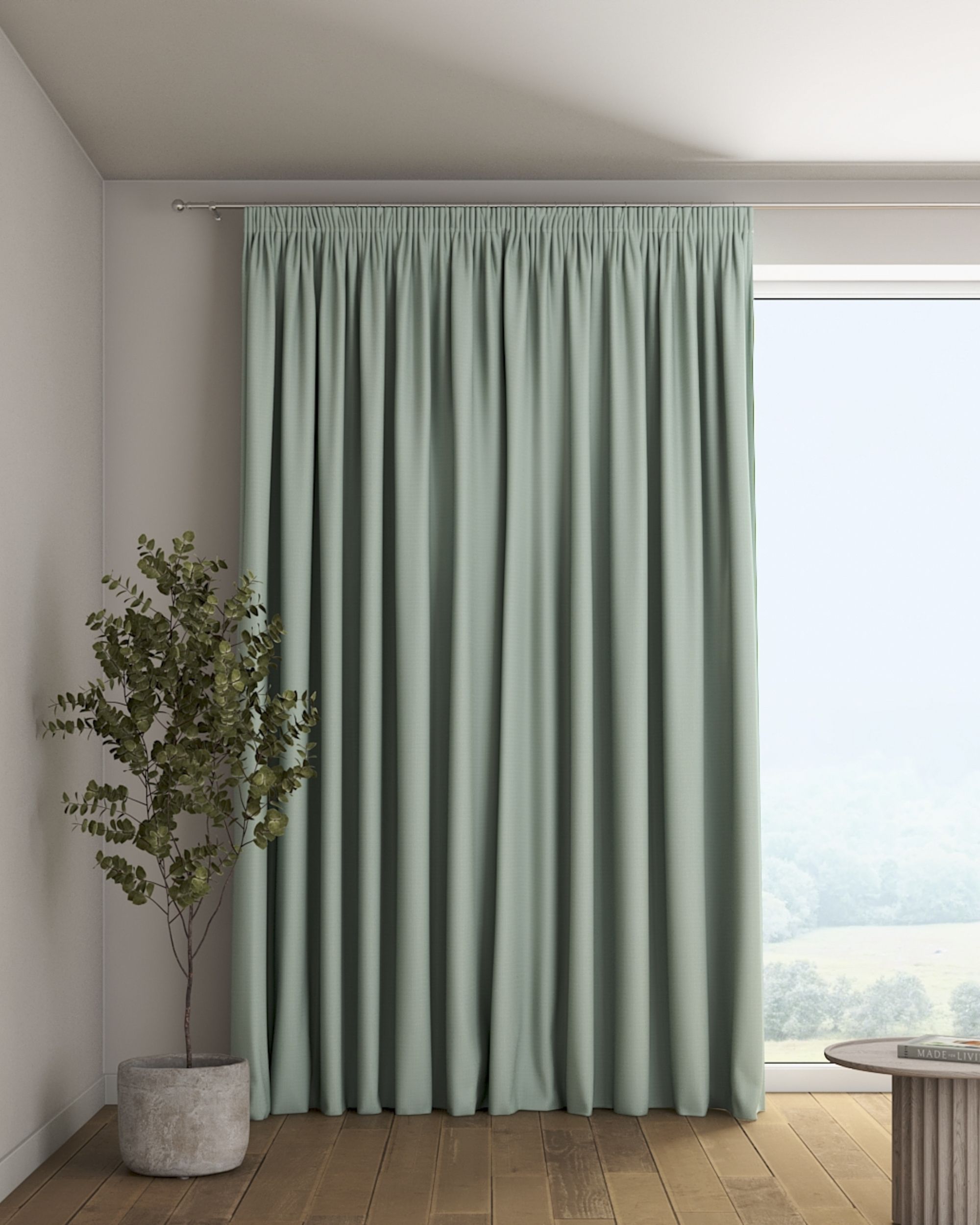 Pencil pleat curtain colour green fabric structured, blackout