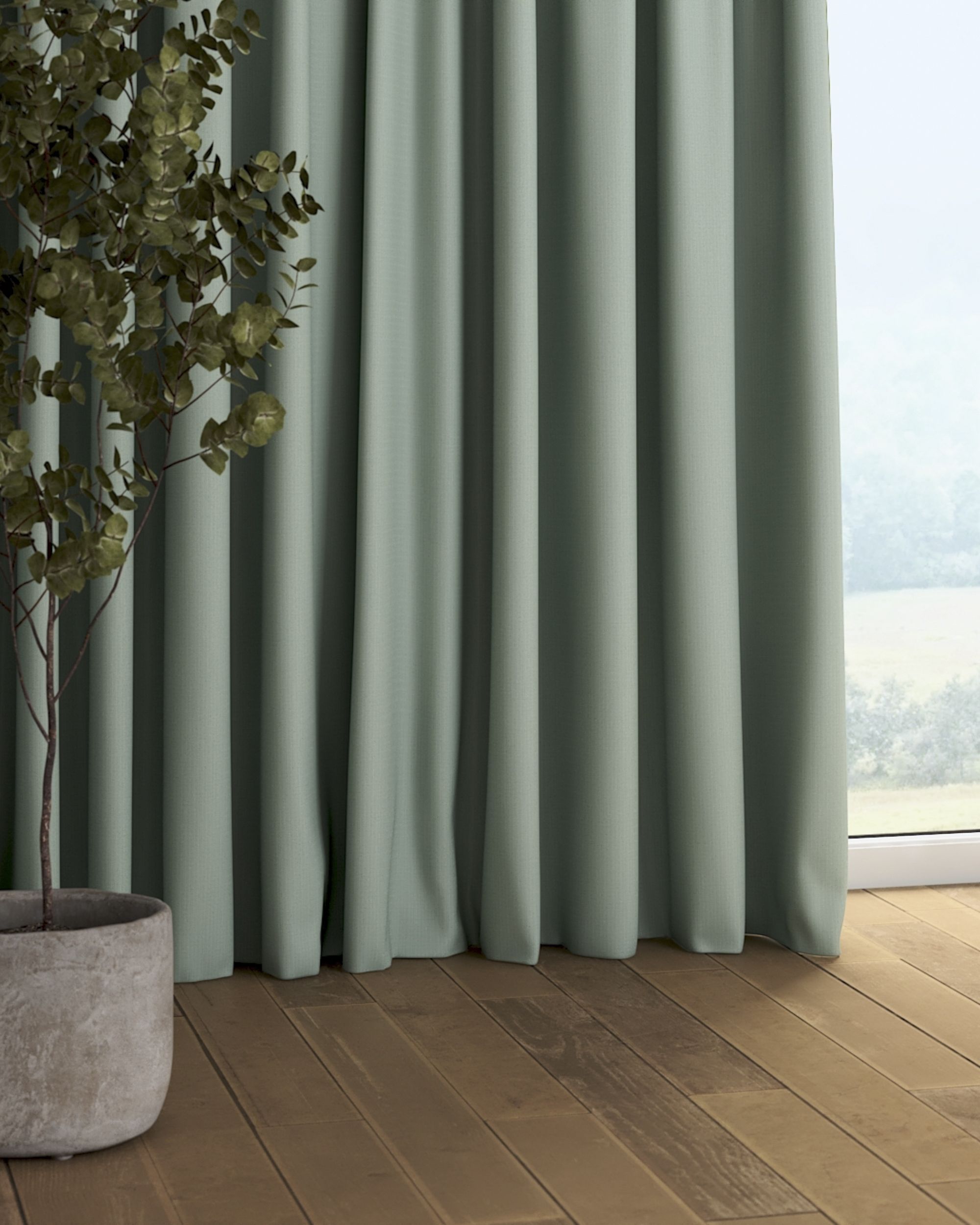 Pencil pleat curtain colour green fabric structured, blackout (hover)