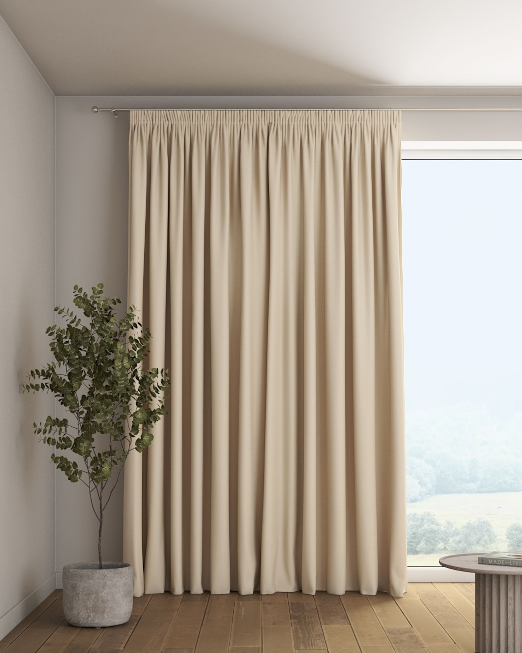 Pencil pleat curtain colour cream fabric structured, blackout