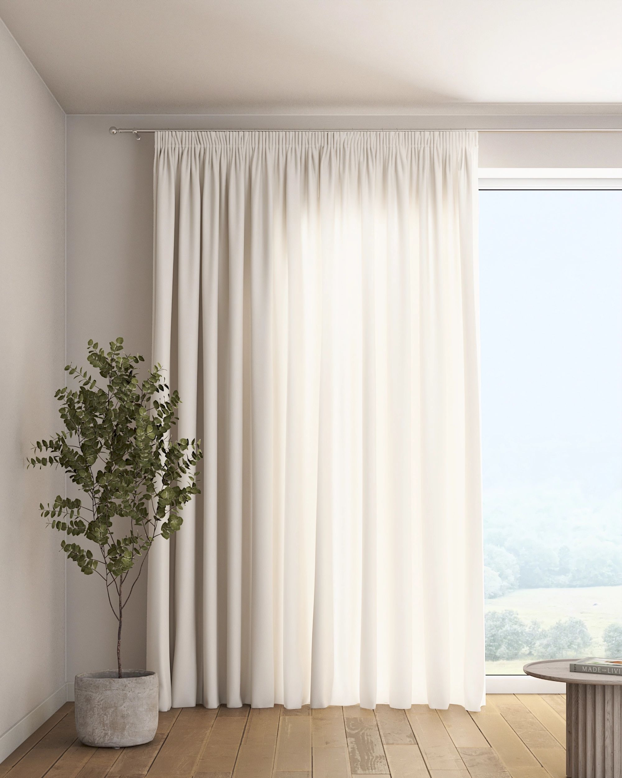 Pencil pleat curtain colour white fabric semi-sheer, structured