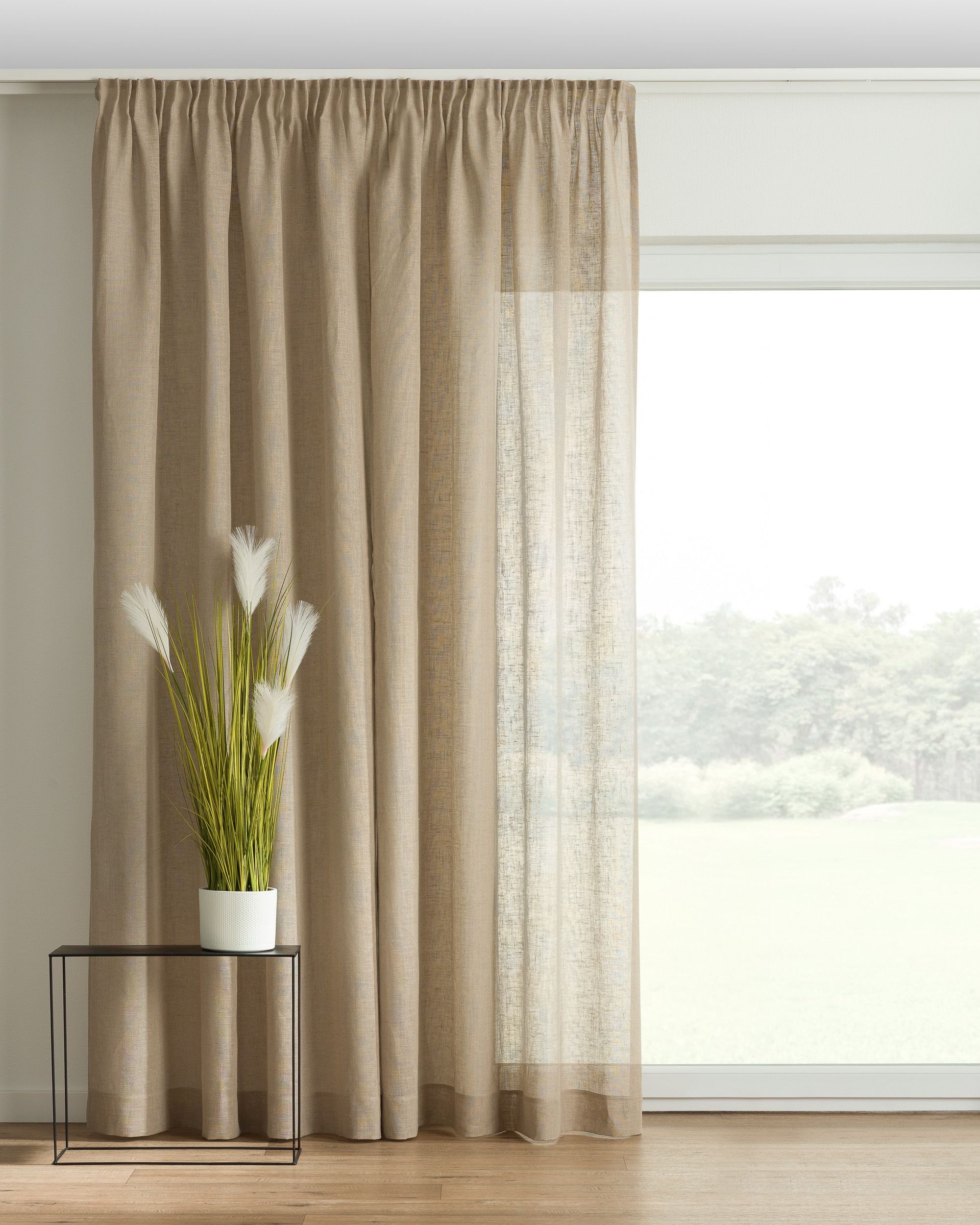 Pencil pleat curtain colour beige fabric semi-sheer, structured, linen