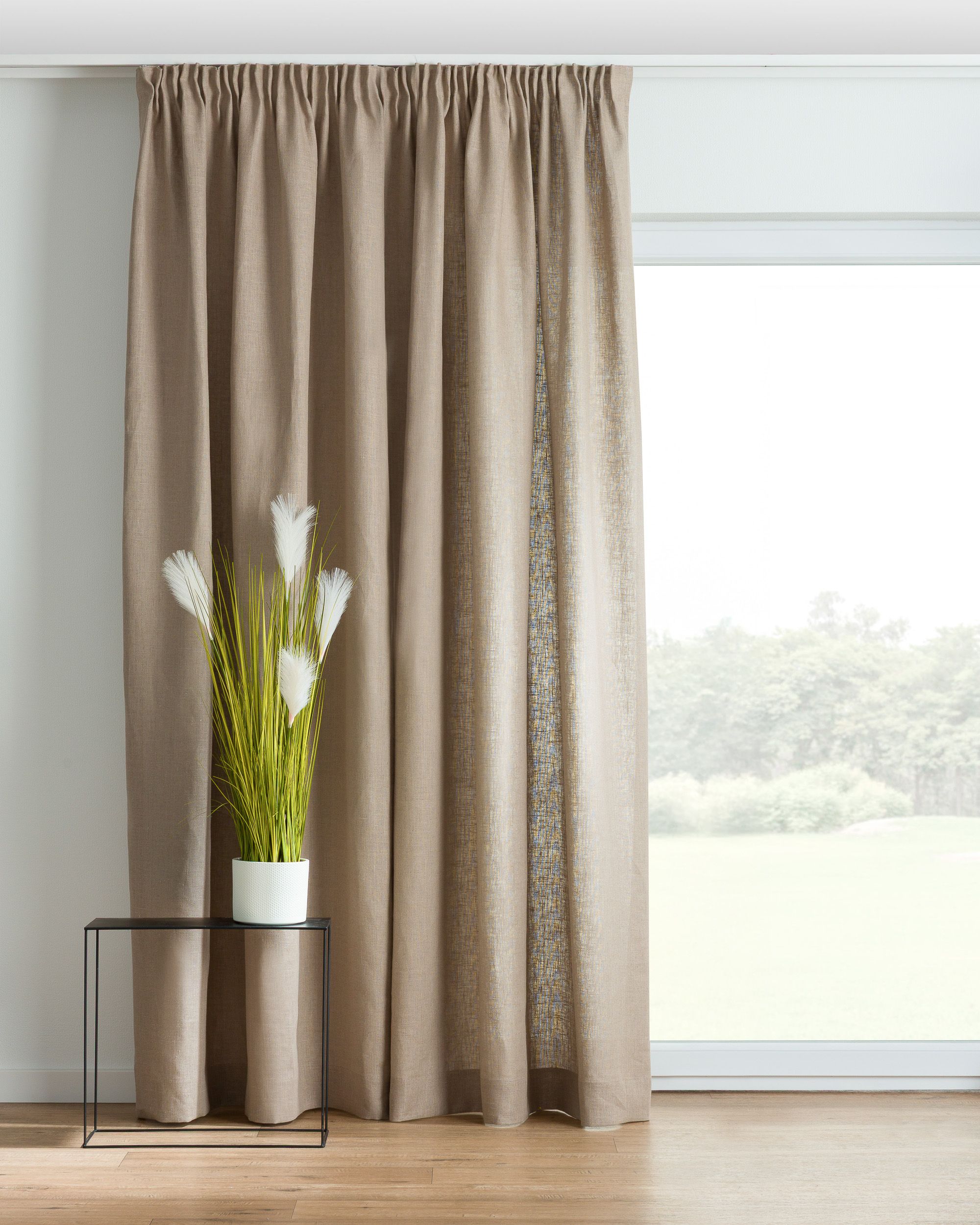 Pencil pleat curtain colour beige fabric semi-sheer, structured, linen