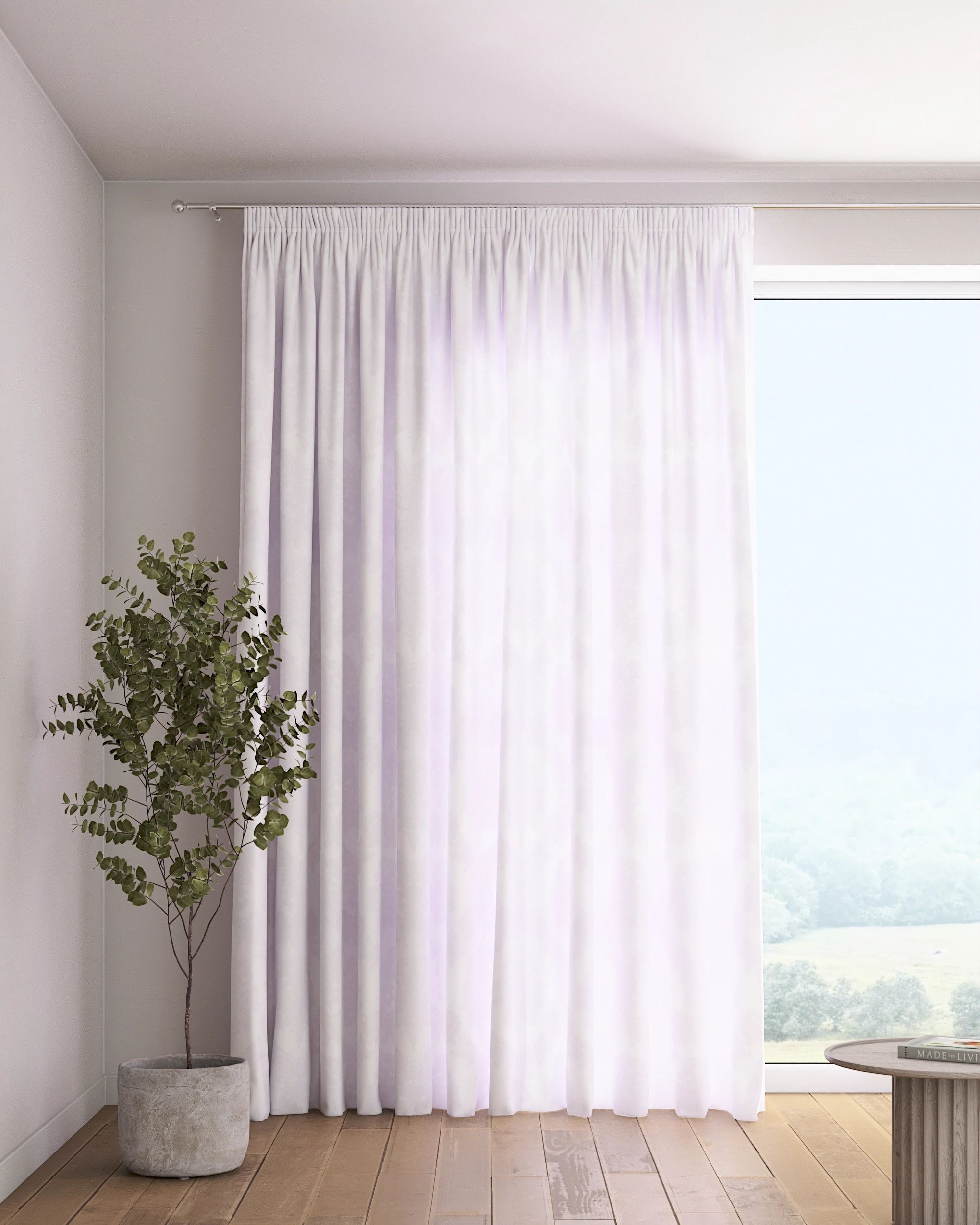 Pencil pleat curtain colour white fabric gloss, structured, patterned