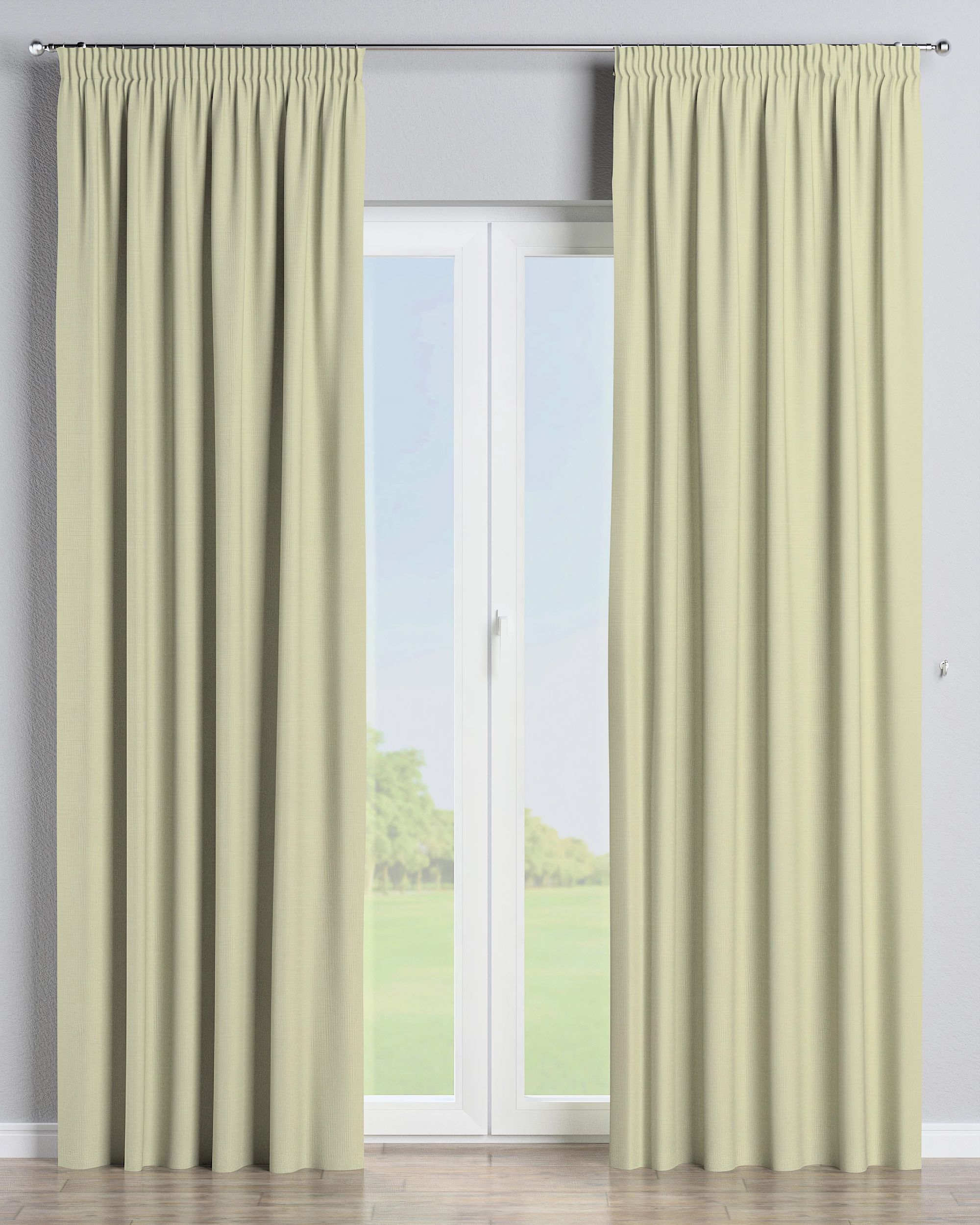 Pencil pleat curtain colour green fabric outdoor, structured