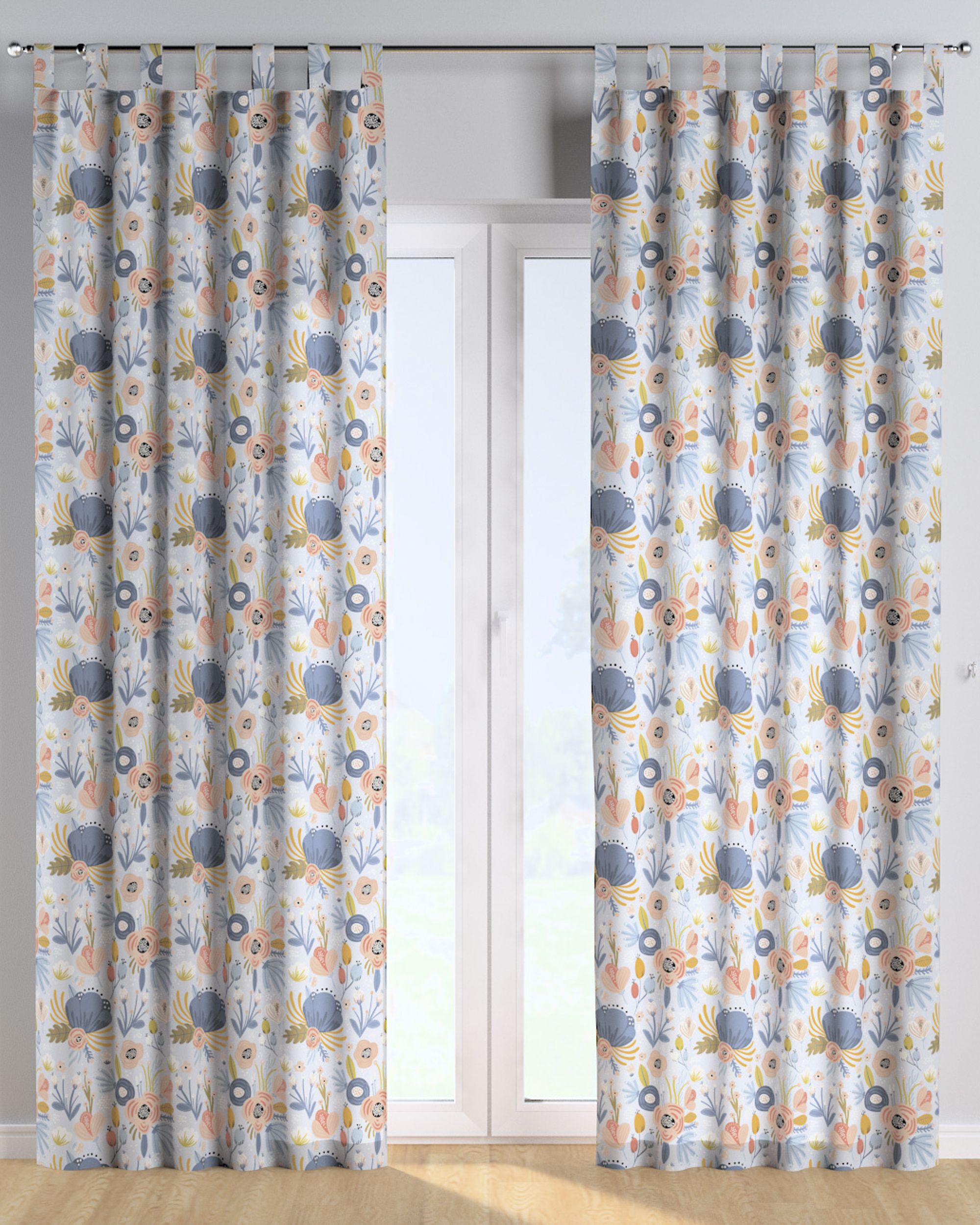 Tab top curtain colour blue fabric patterned (hover)
