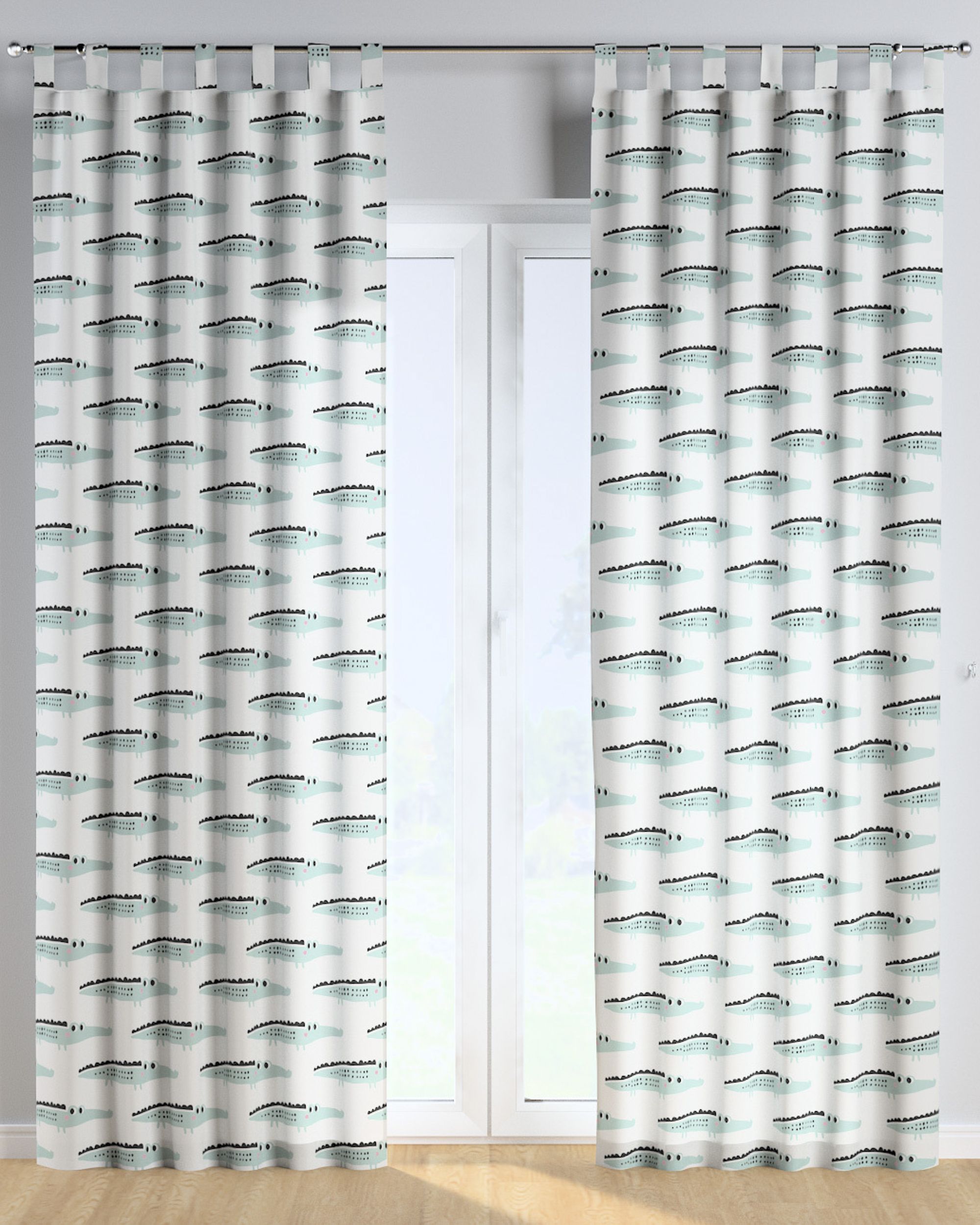 Tab top curtain colour green fabric patterned (hover)