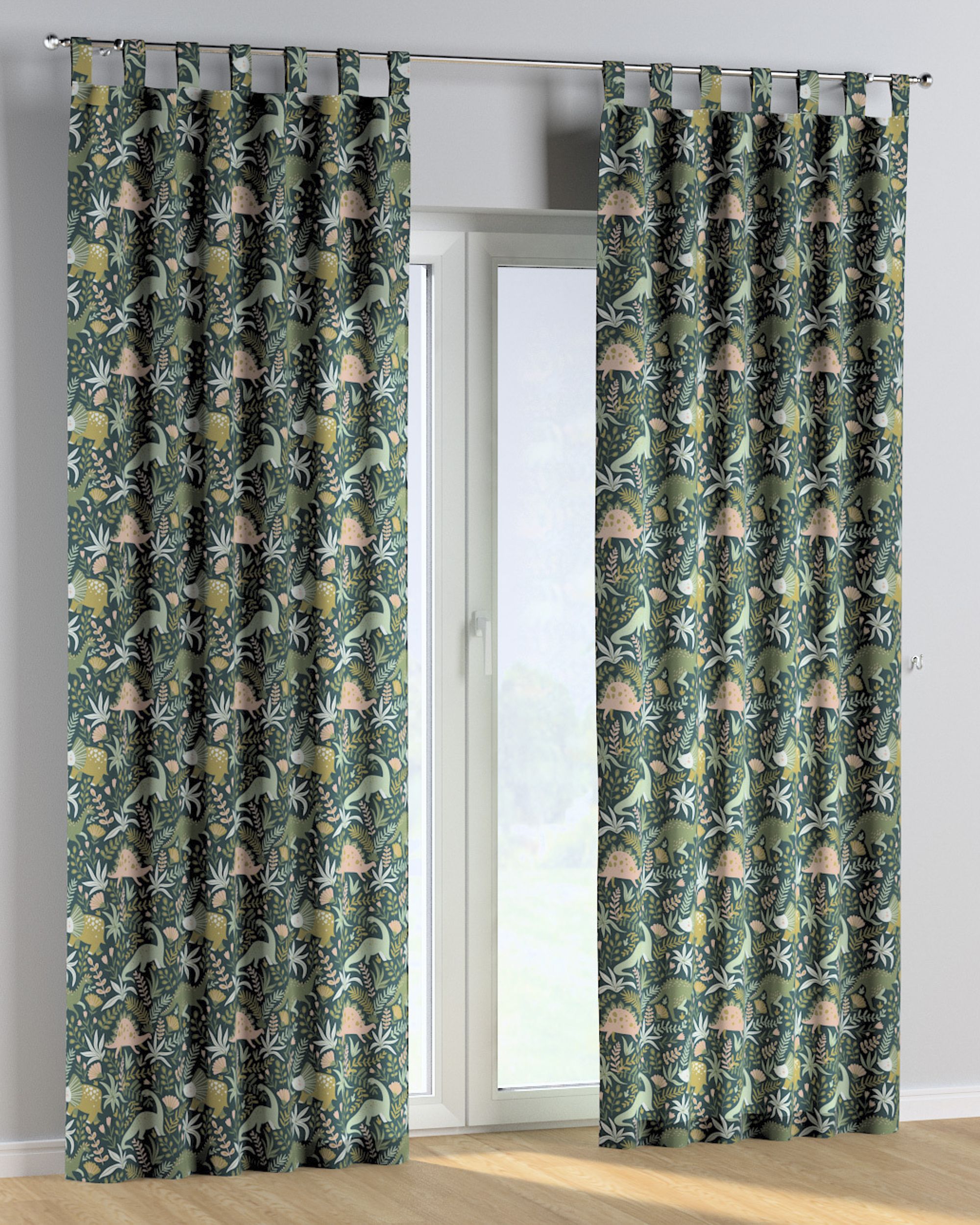 Tab top curtain colour green fabric patterned