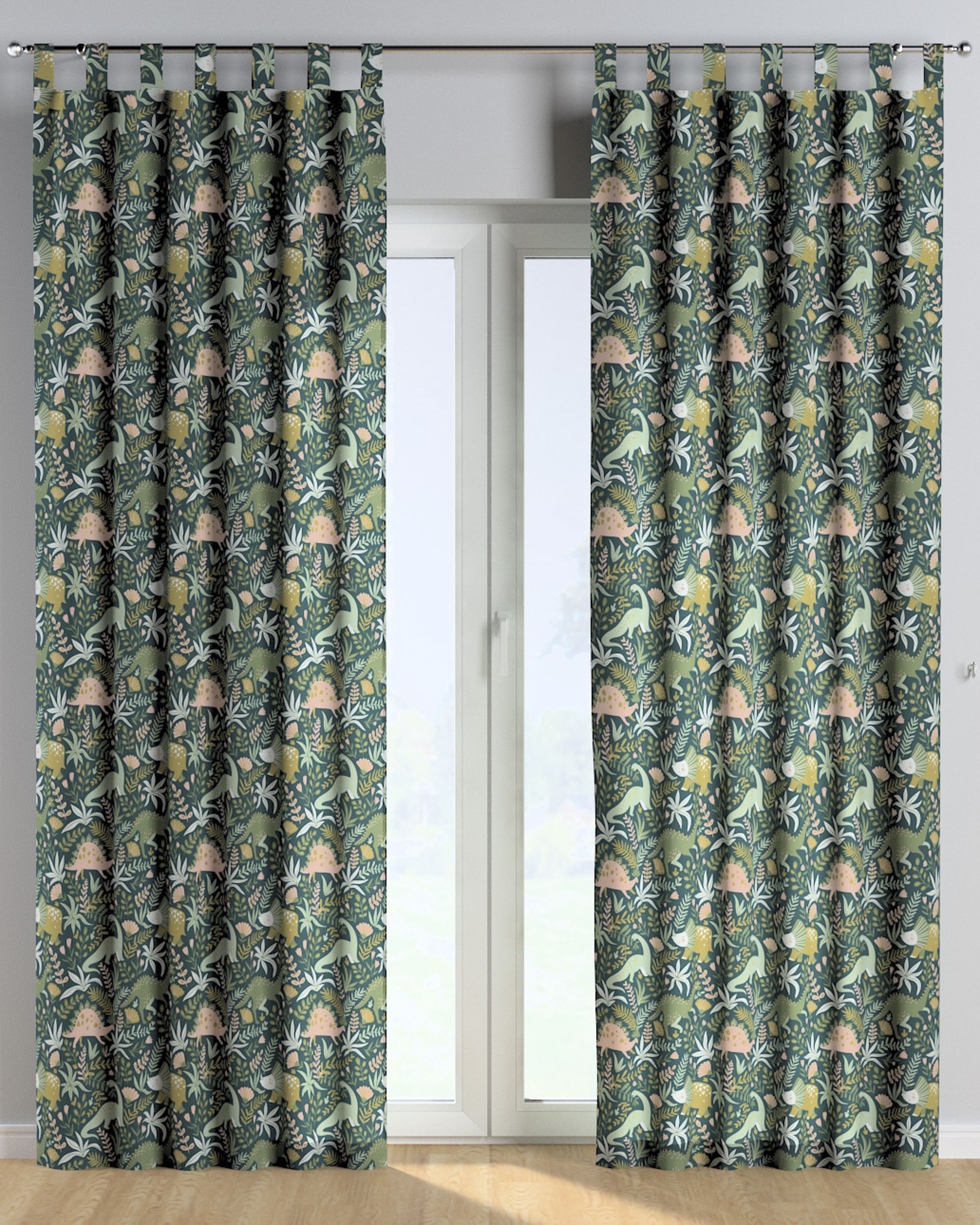 Tab top curtain colour green fabric patterned (hover)