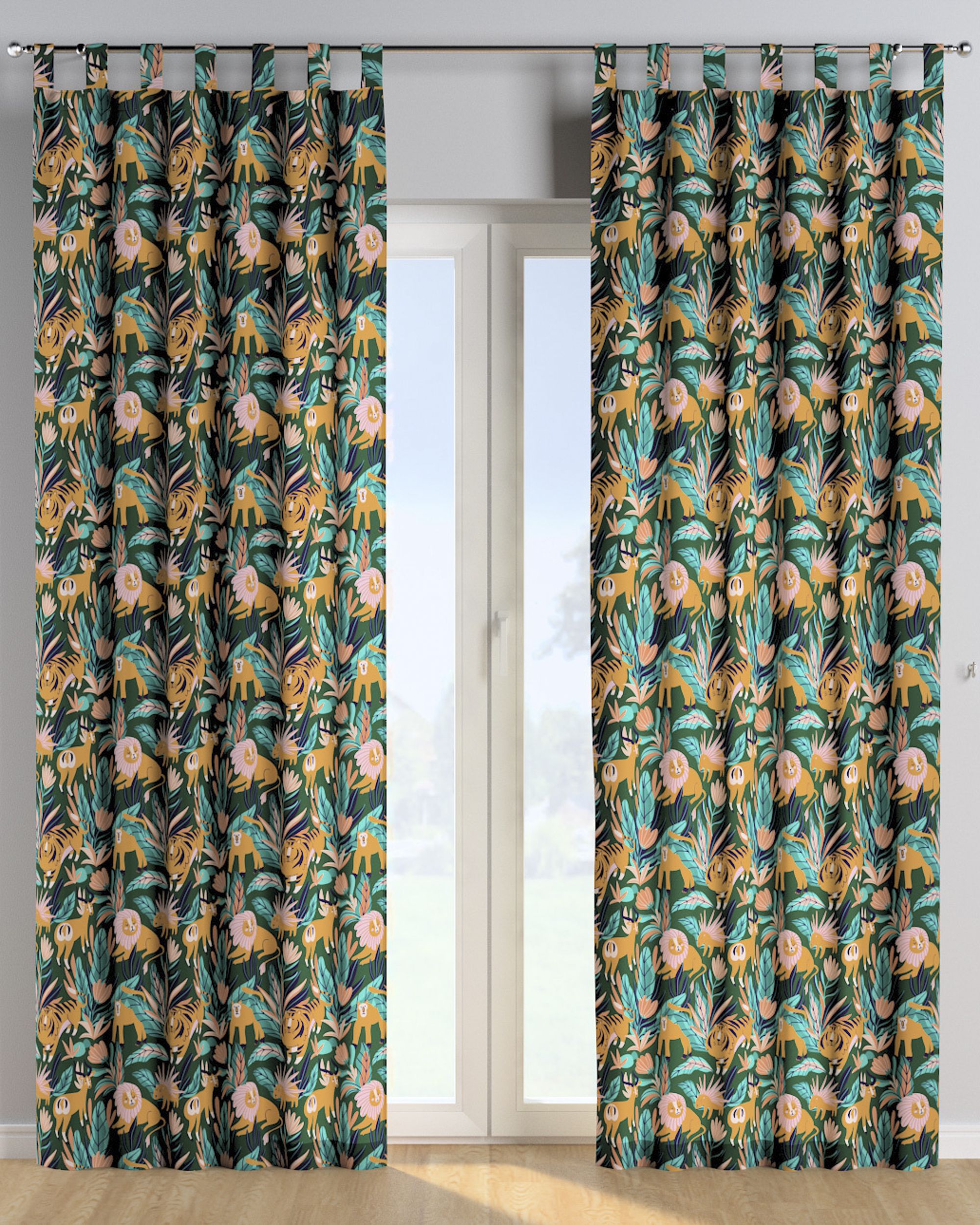 Tab top curtain colour orange fabric patterned