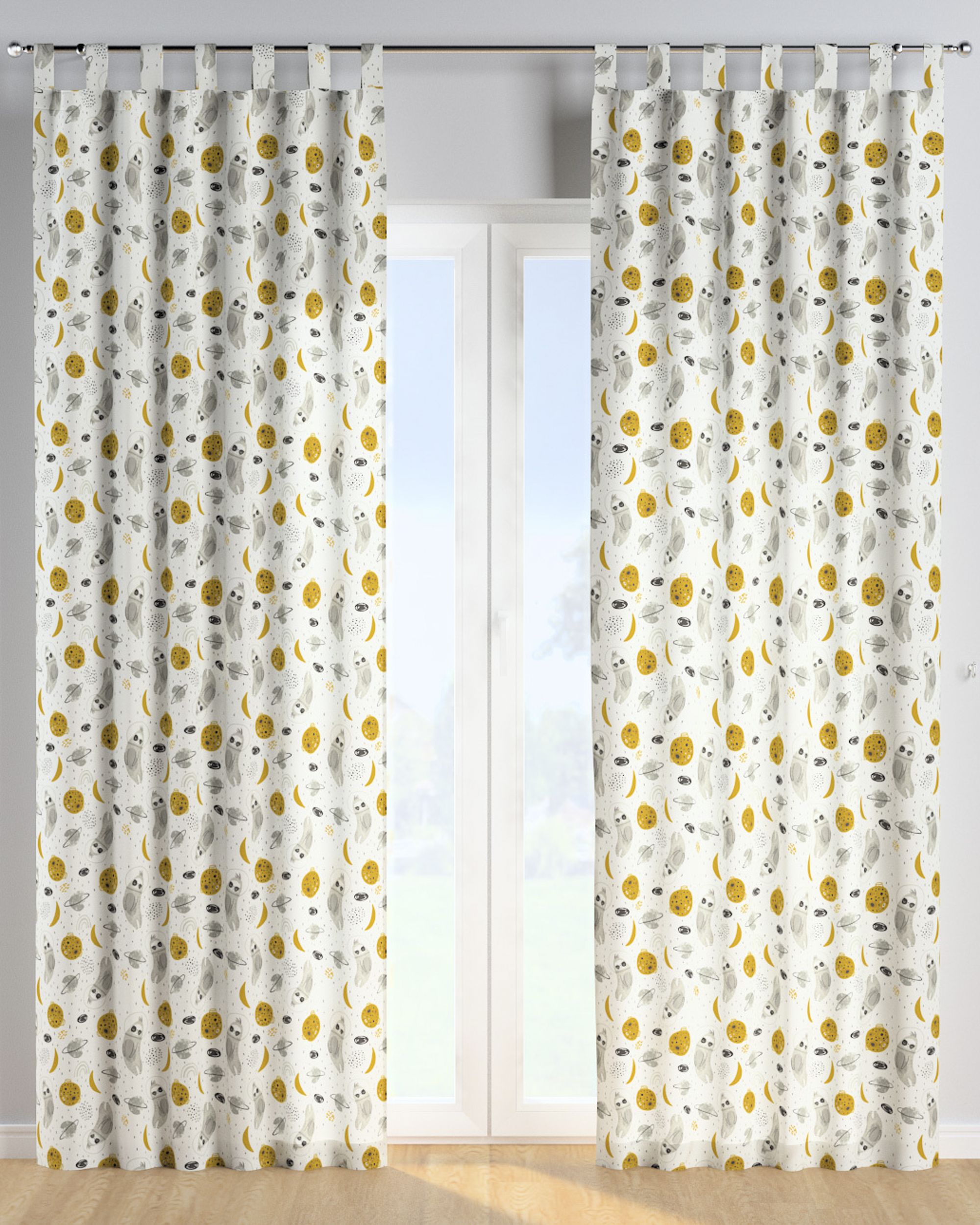 Tab top curtain colour white fabric patterned
