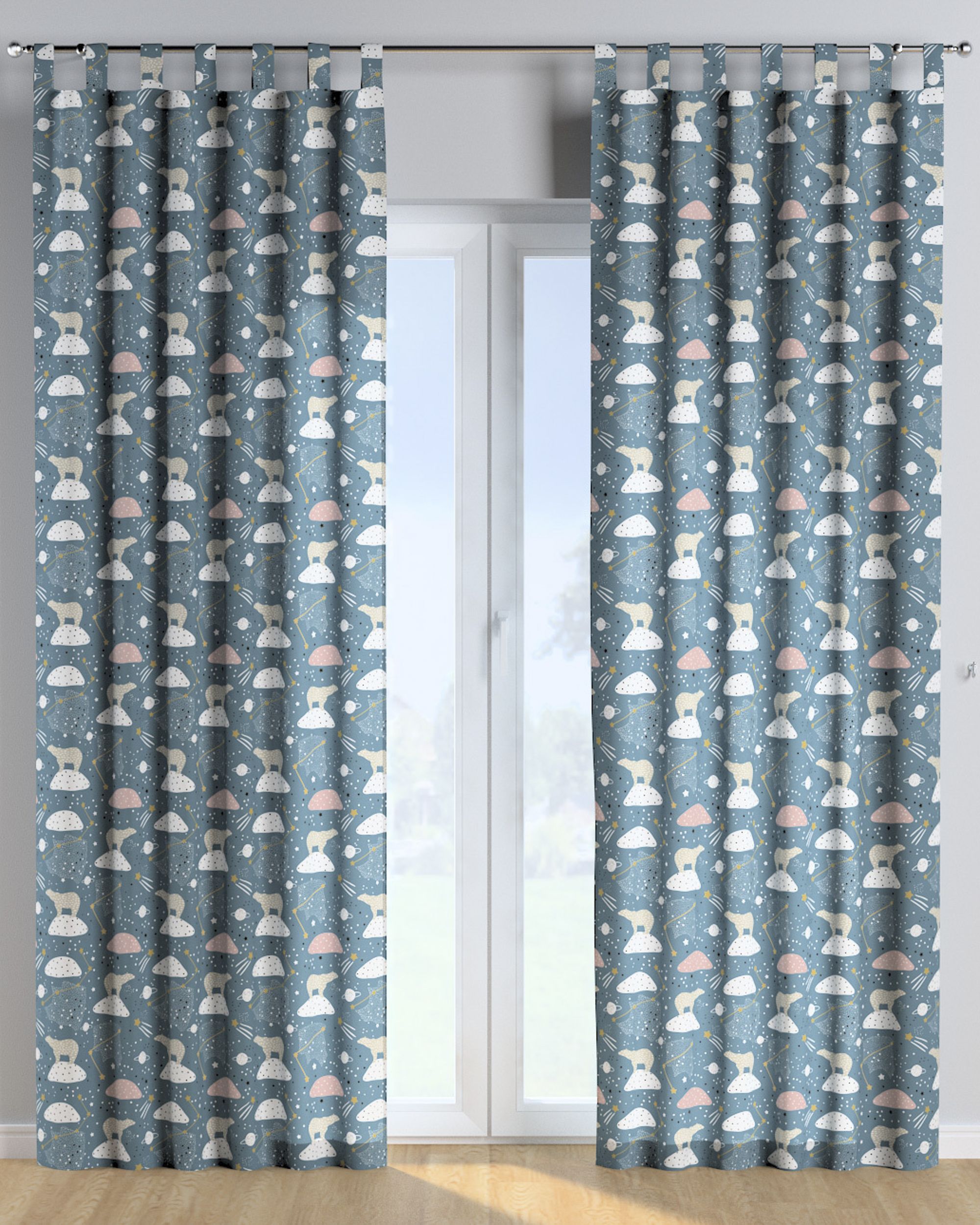 Tab top curtain colour blue fabric patterned