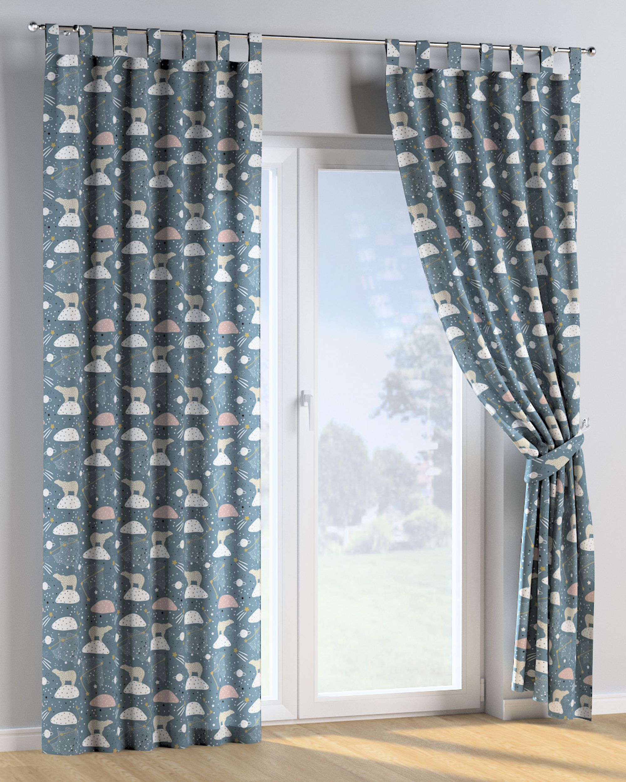 Tab top curtain colour blue fabric patterned (hover)