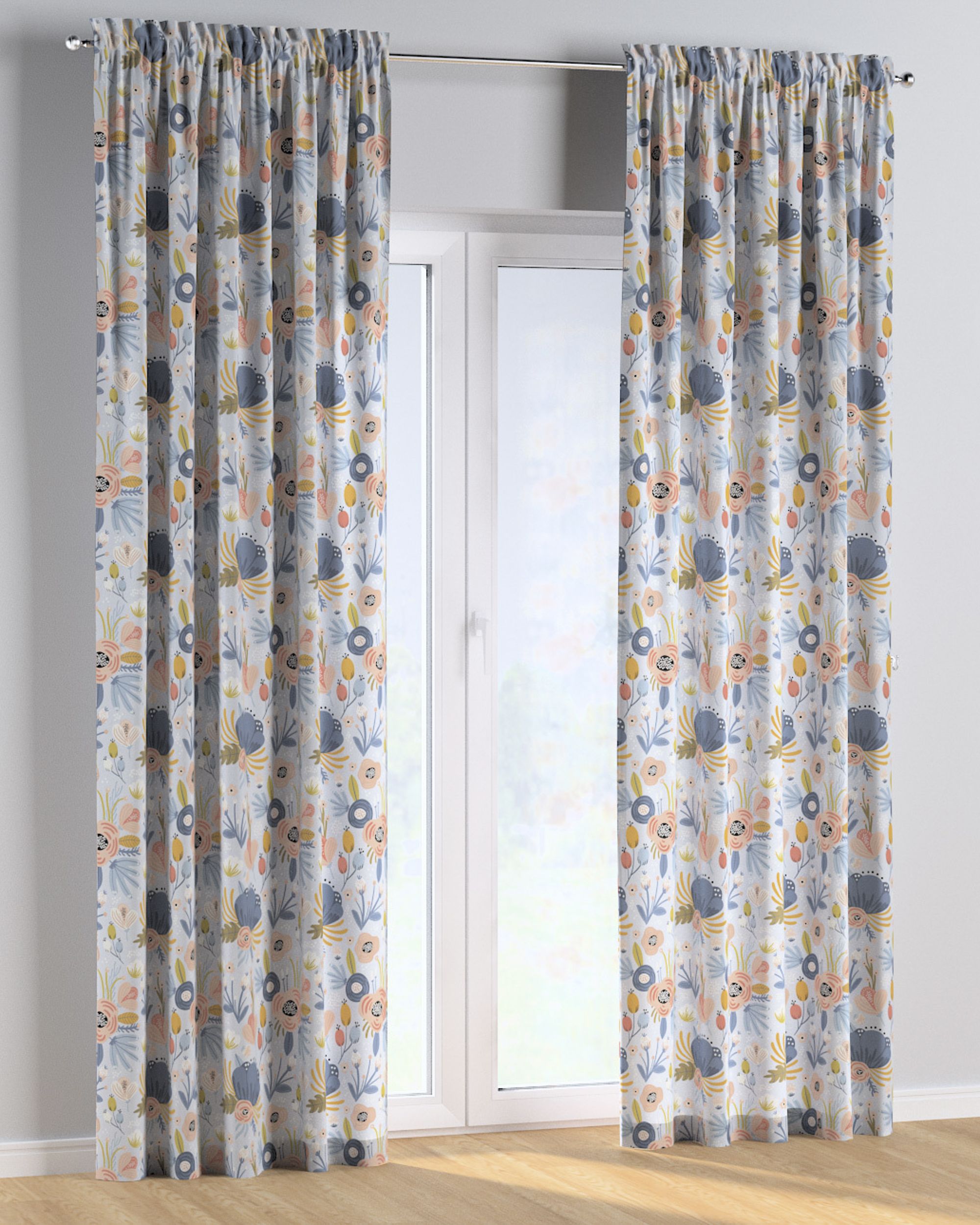 Slot and frill curtain colour blue fabric patterned