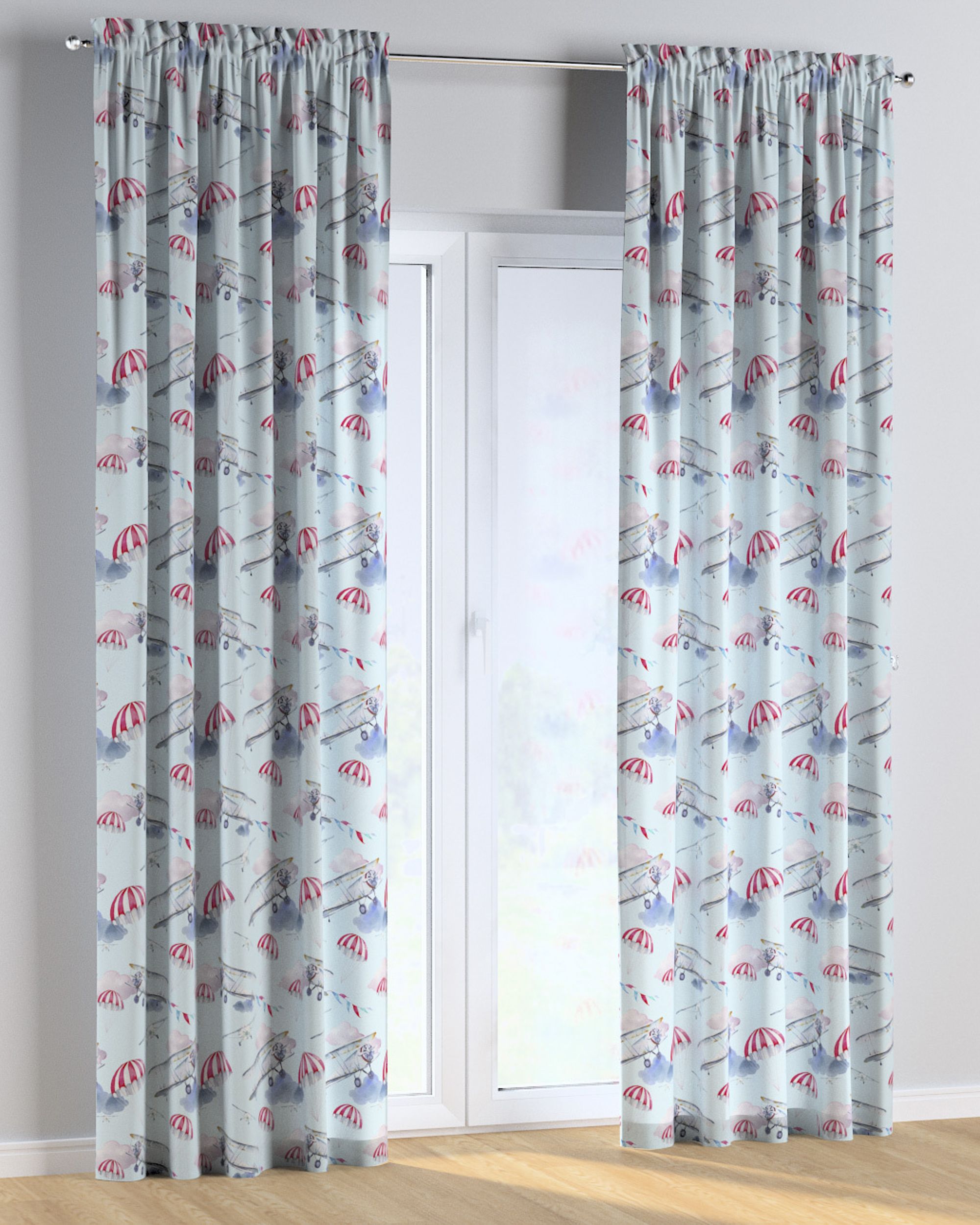 Slot and frill curtain colour blue fabric patterned