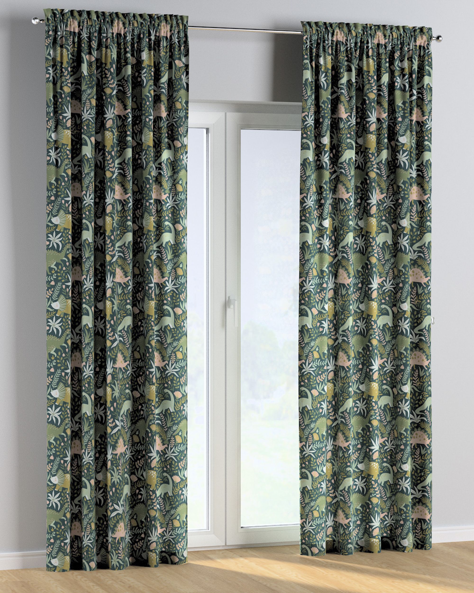 Slot and frill curtain colour green fabric patterned