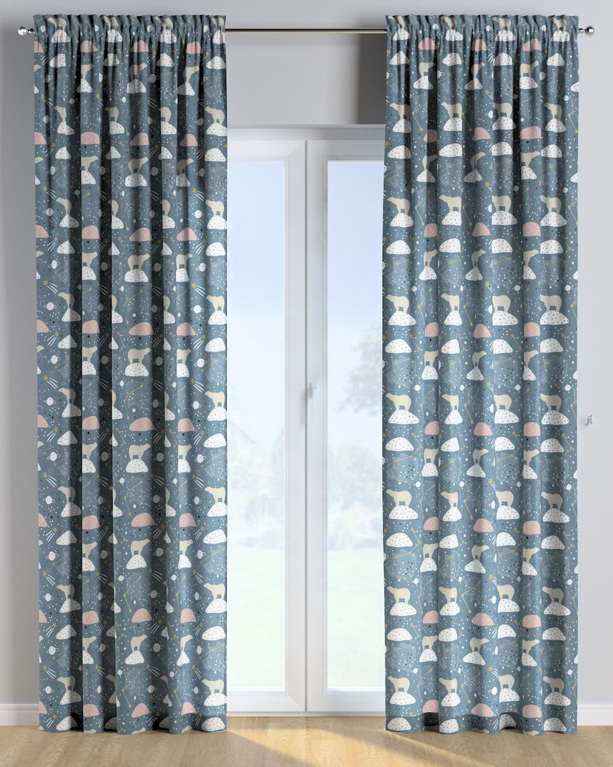 Slot and frill curtain colour blue fabric patterned