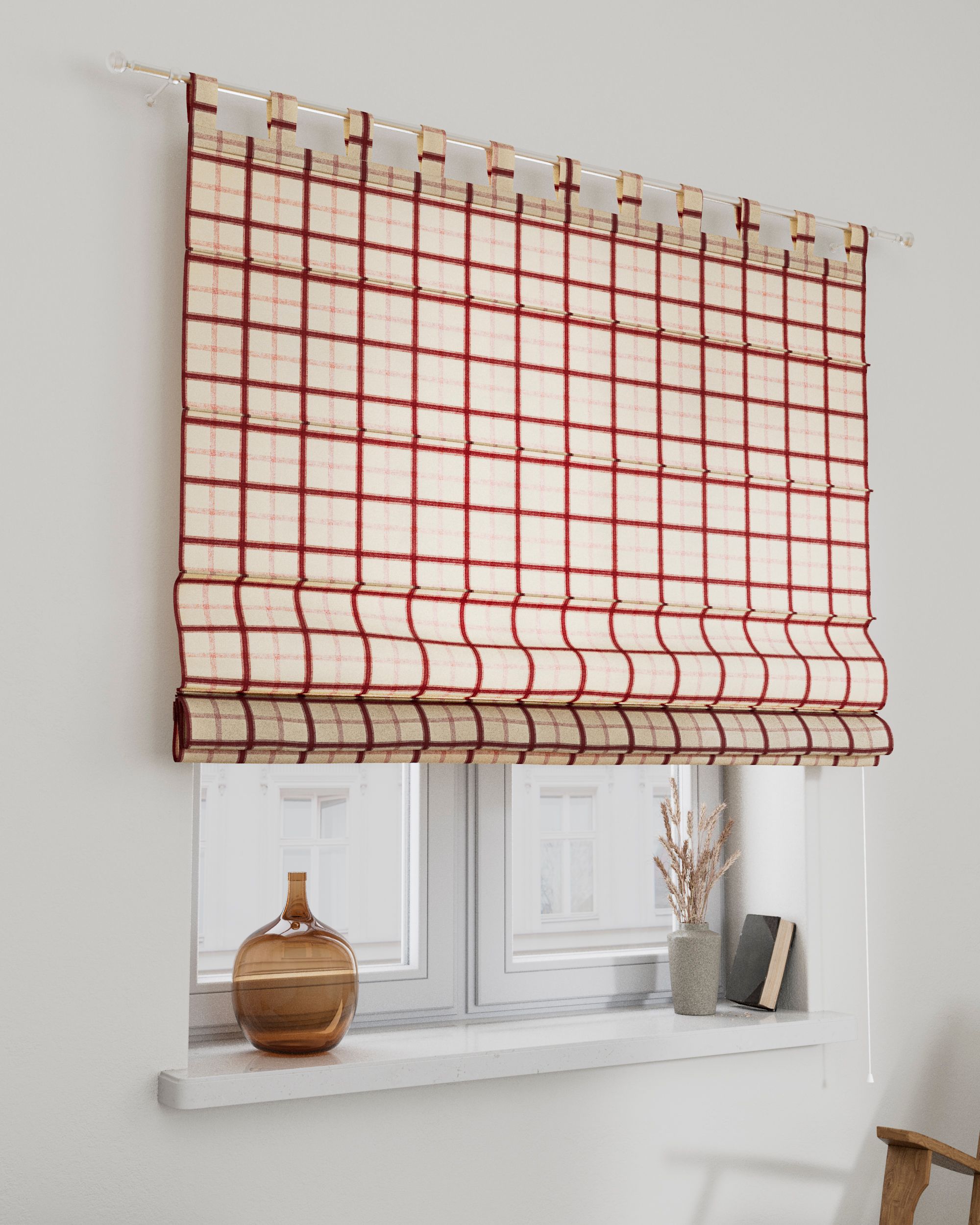 Verona tab top Roman blind colour red fabric patterned