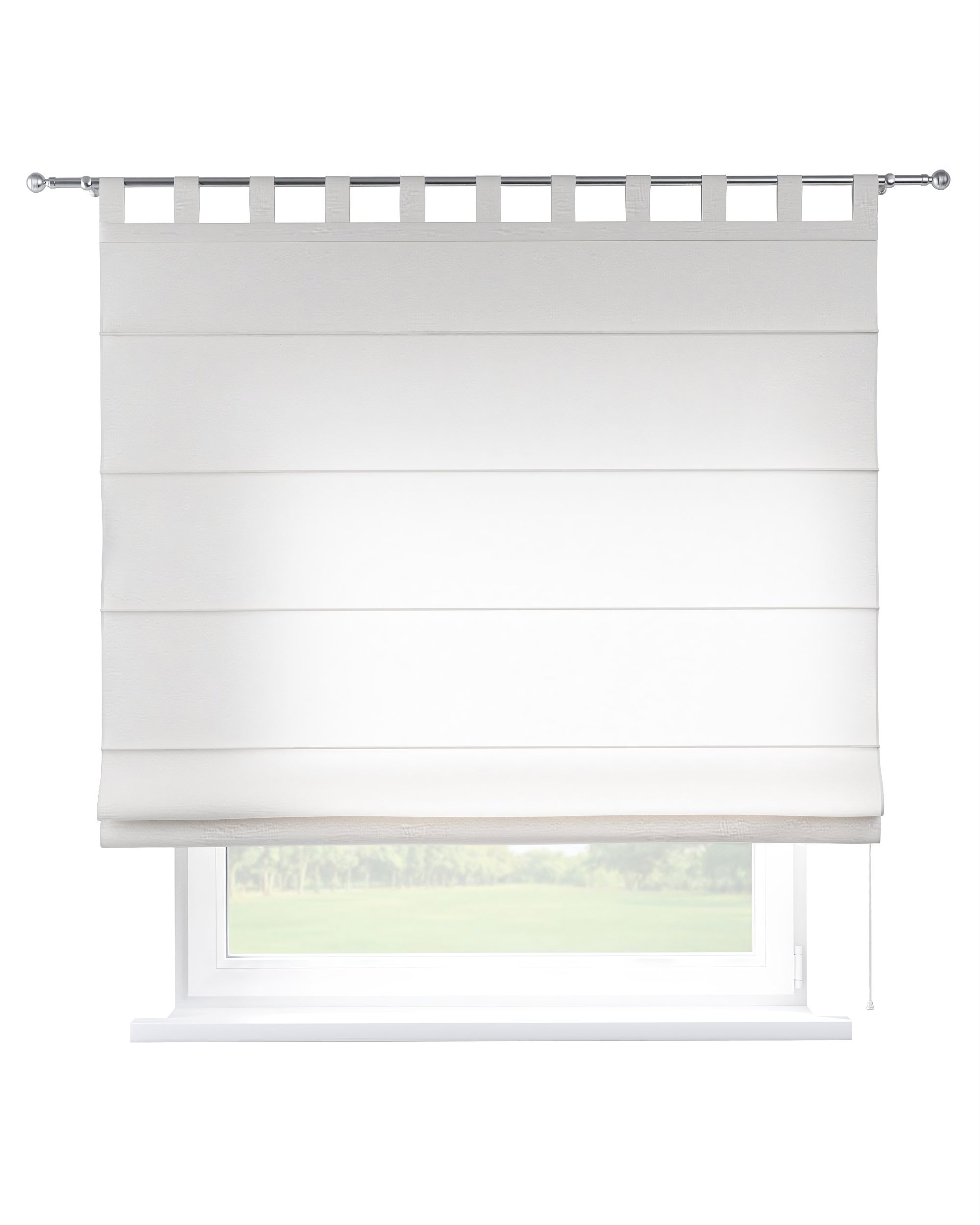 Verona tab top Roman blind colour white fabric semi-sheer, structured