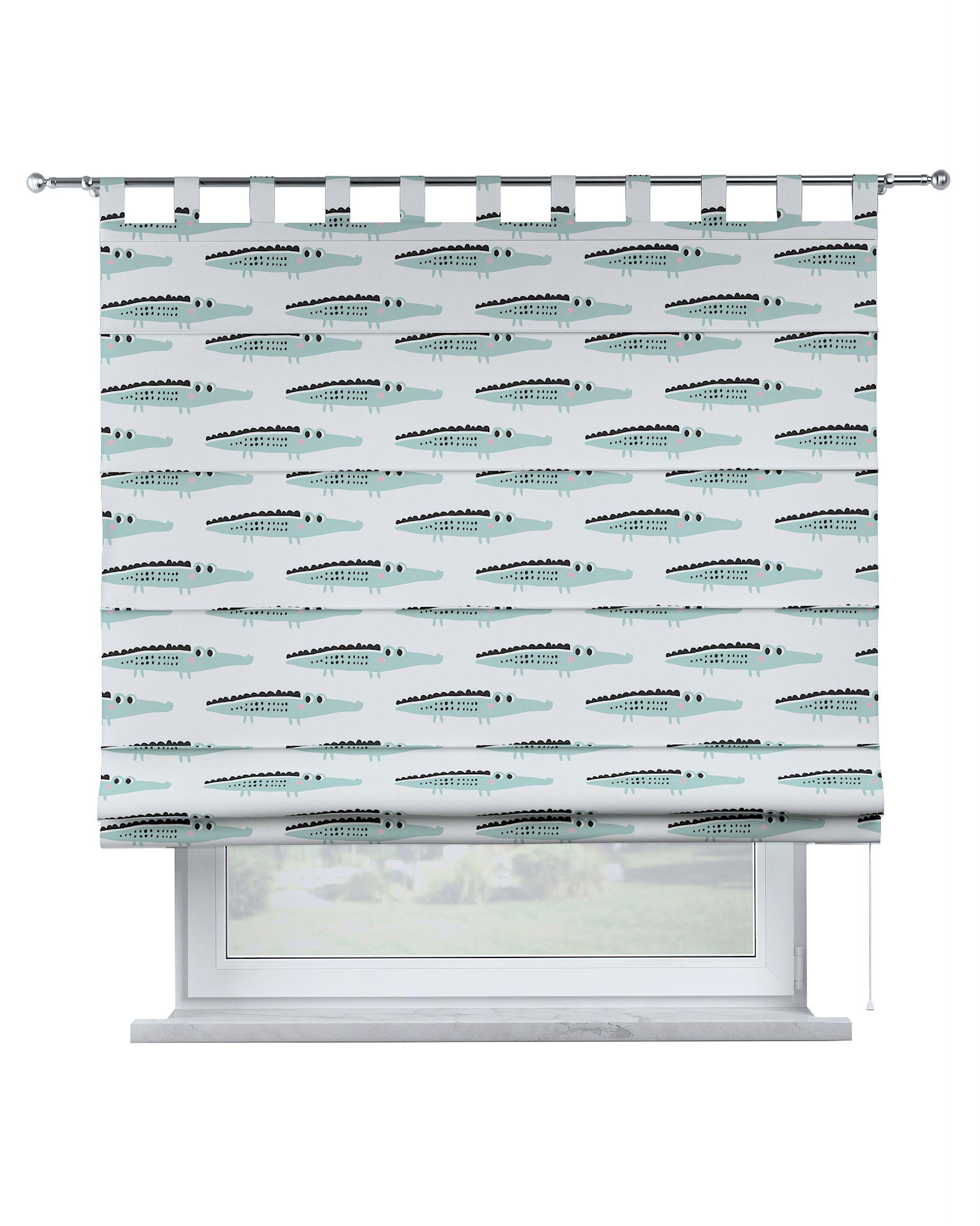 Verona tab top Roman blind colour green fabric patterned