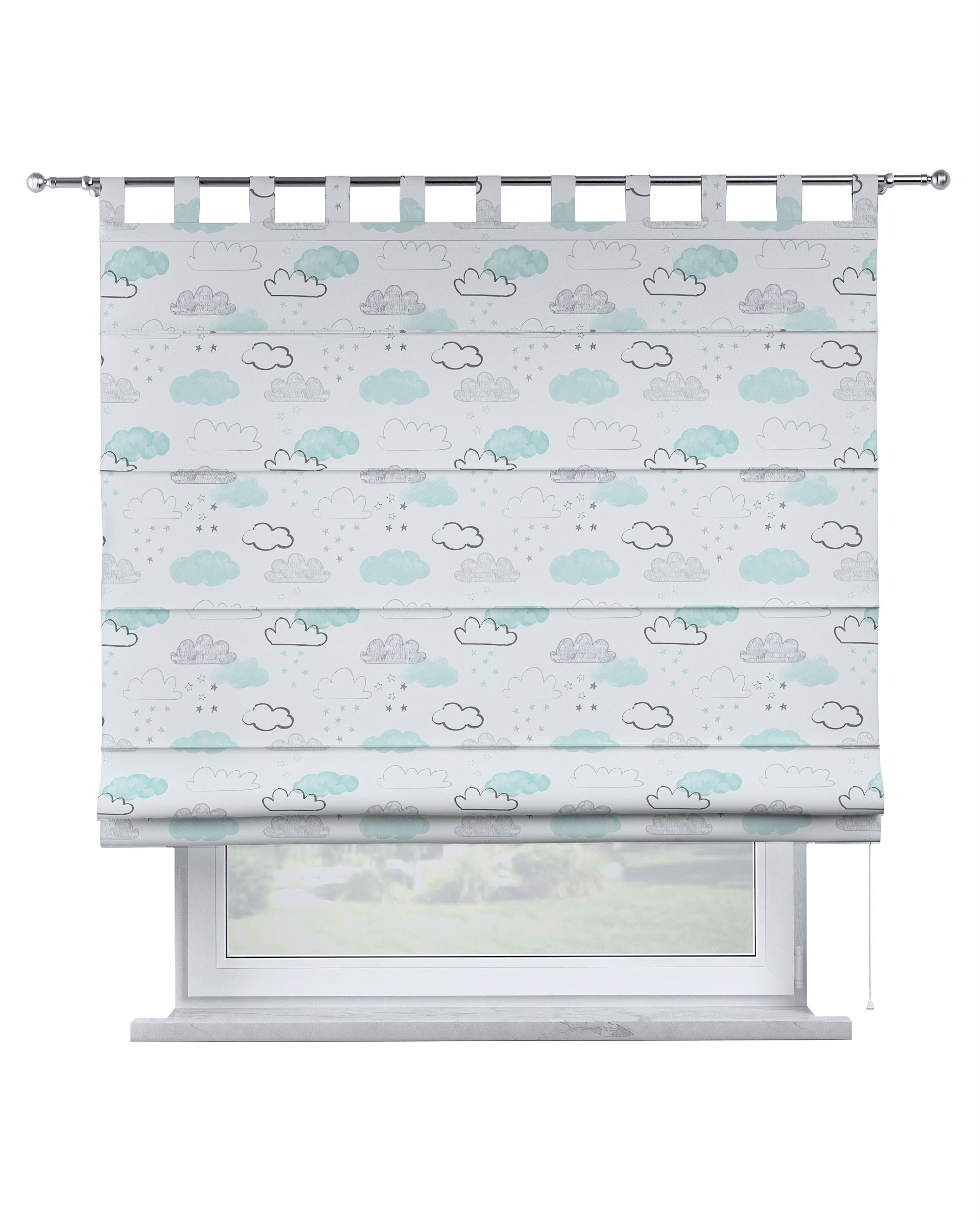 Verona tab top Roman blind colour white fabric patterned
