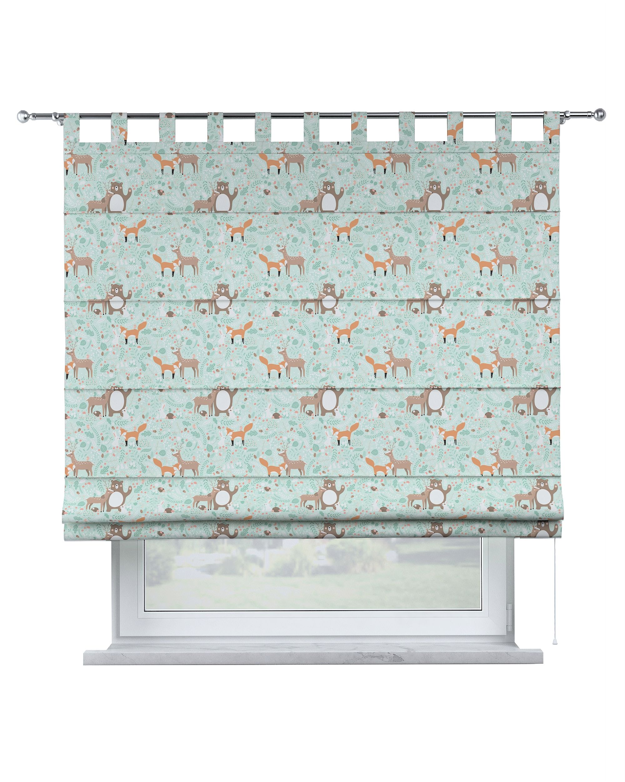 Verona tab top Roman blind colour green fabric patterned
