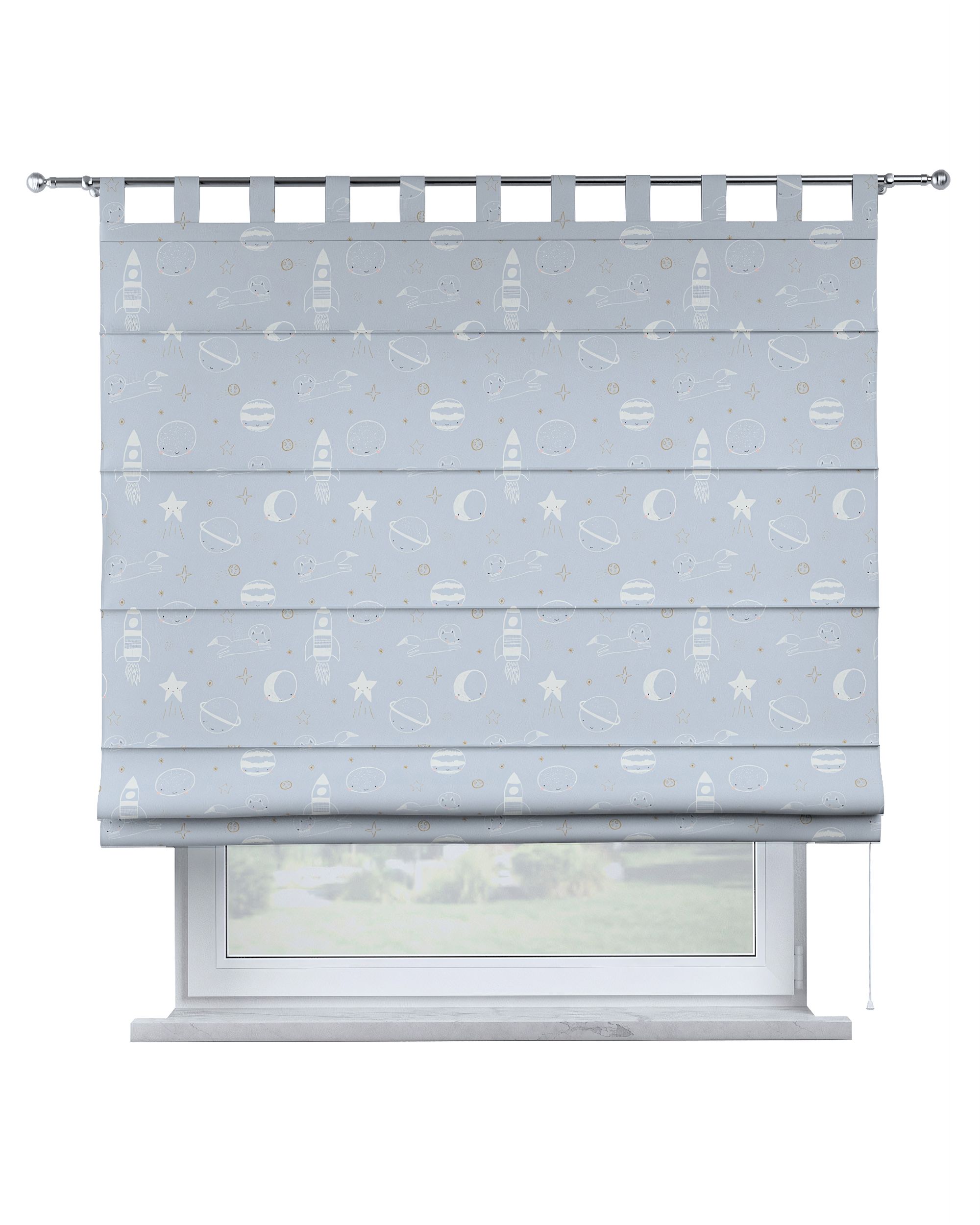 Verona tab top Roman blind colour blue fabric patterned