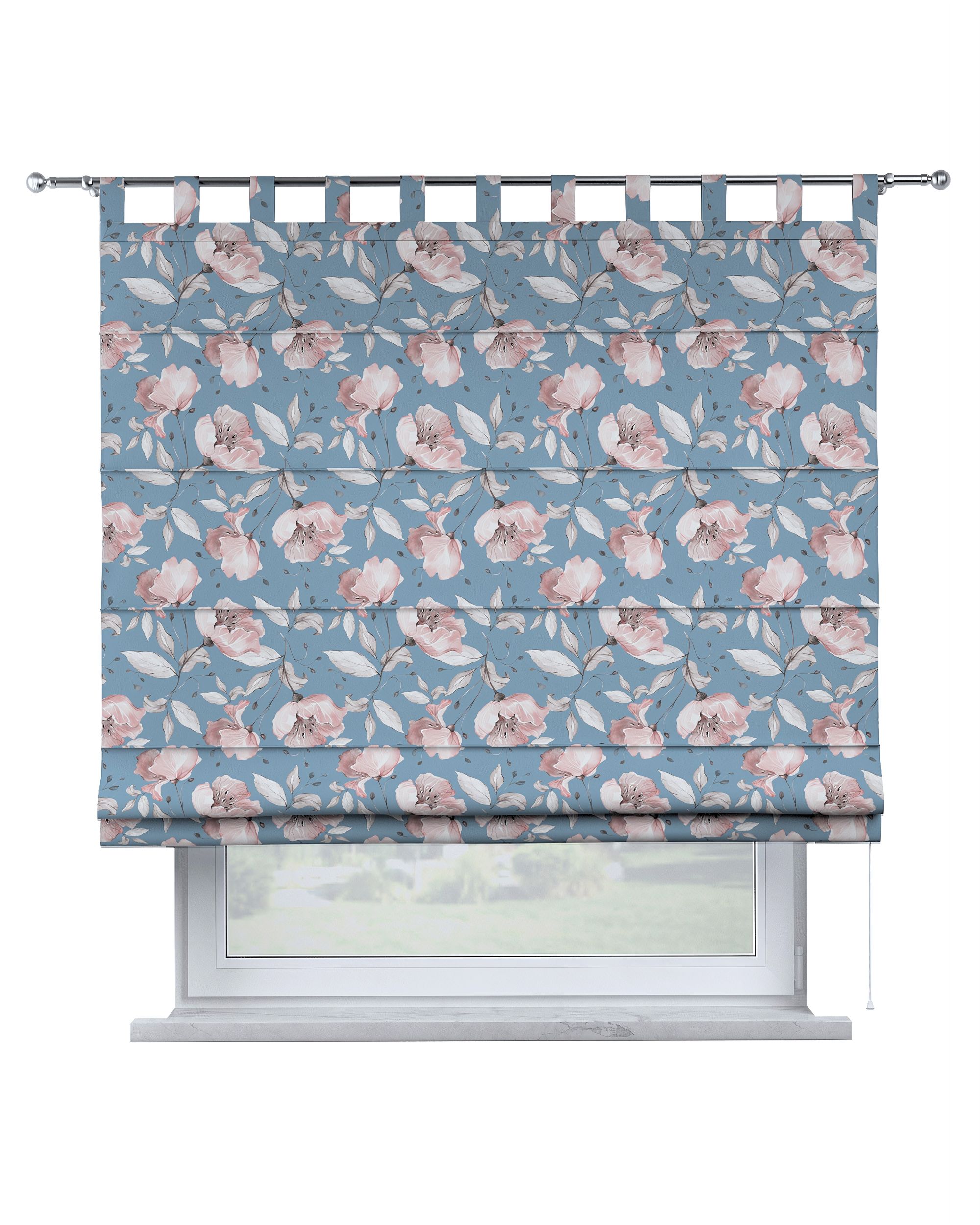 Verona tab top Roman blind colour blue fabric patterned