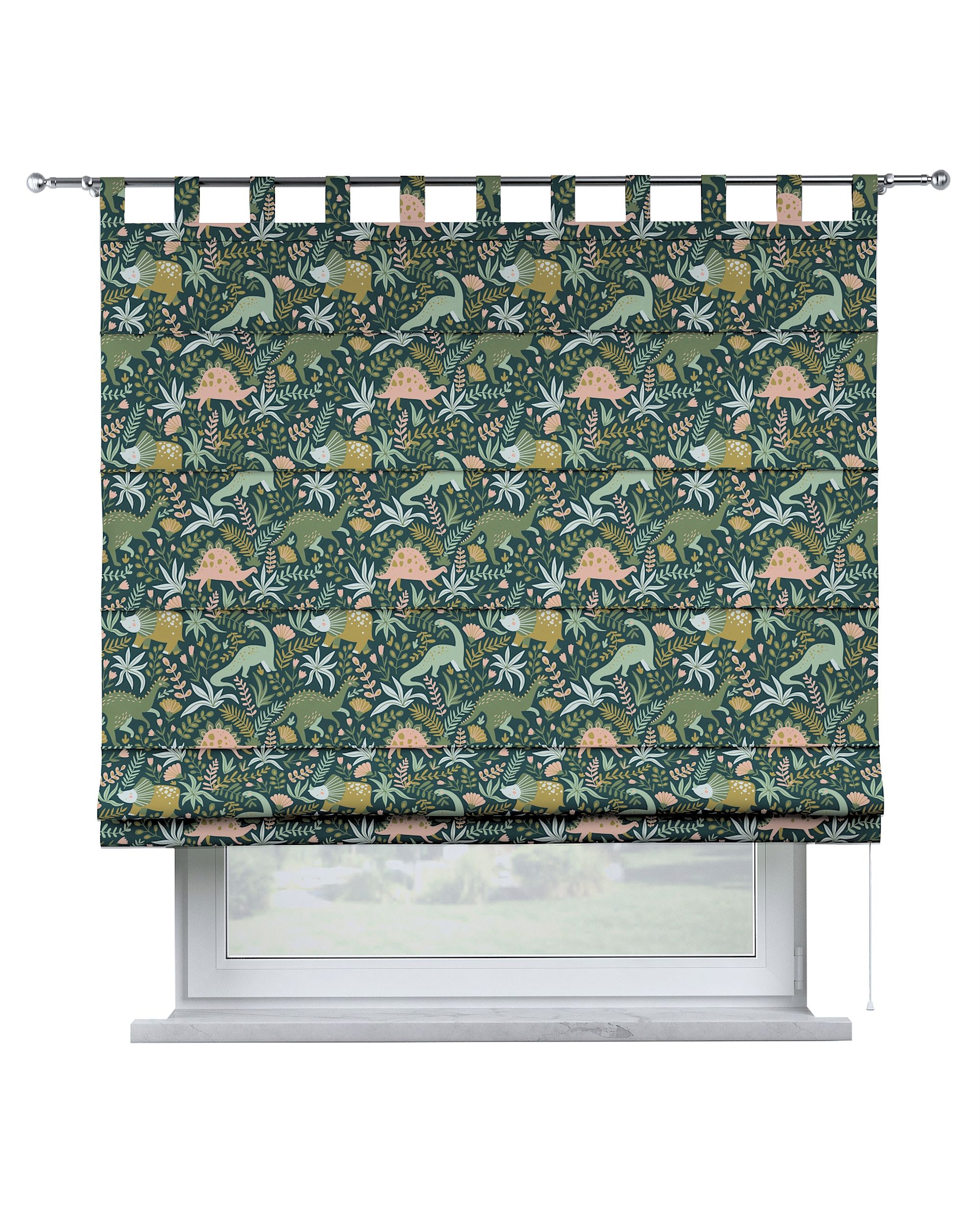 Verona tab top Roman blind colour green fabric patterned