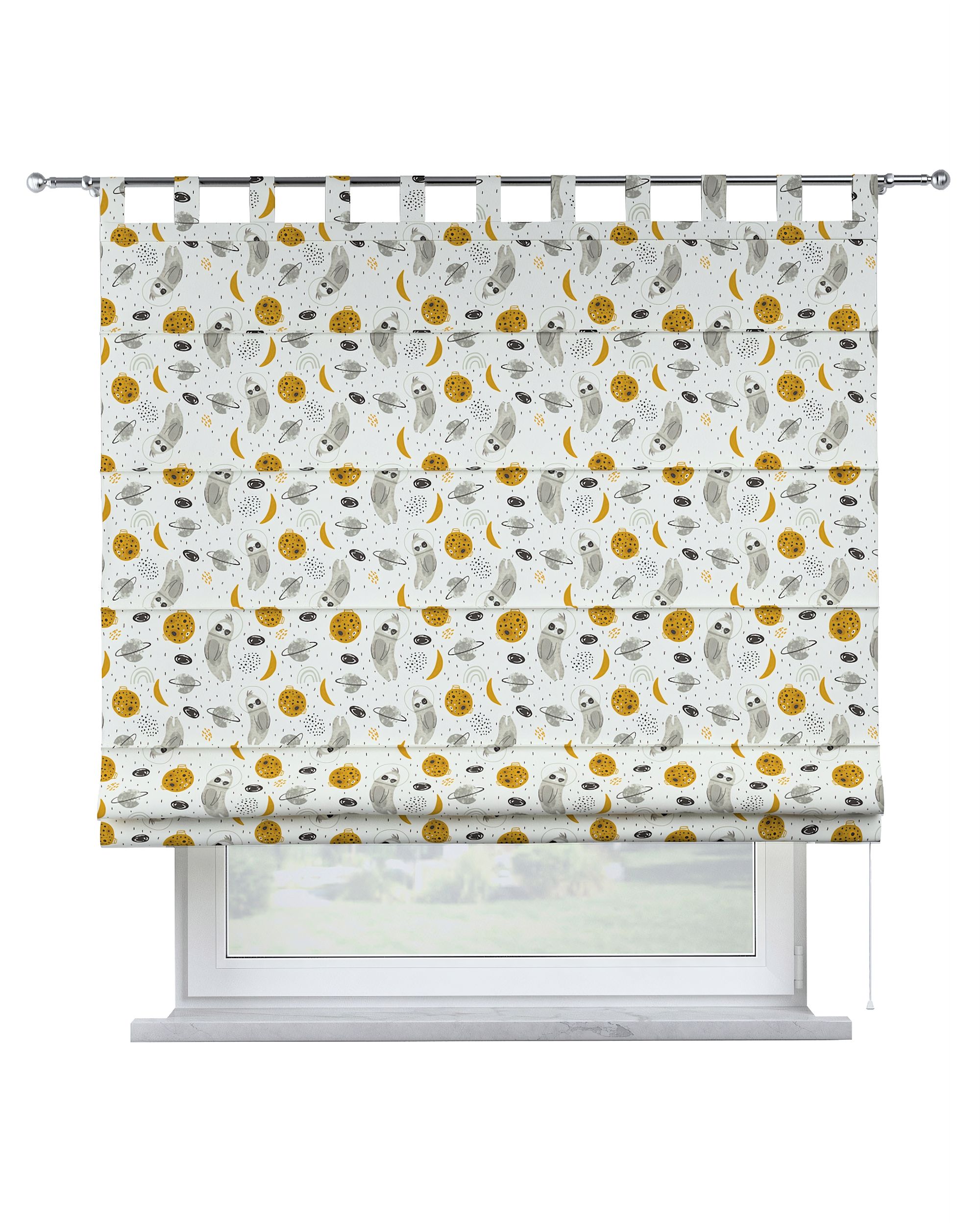 Verona tab top Roman blind colour white fabric patterned