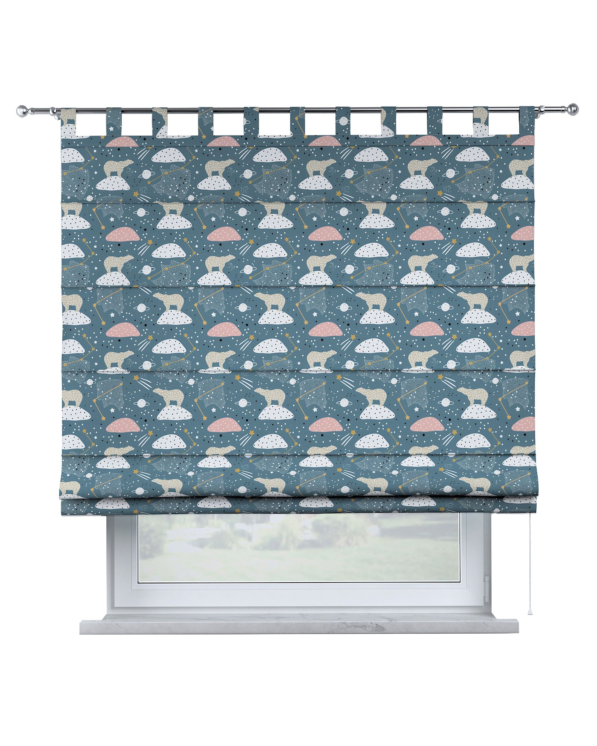 Verona tab top Roman blind colour blue fabric patterned