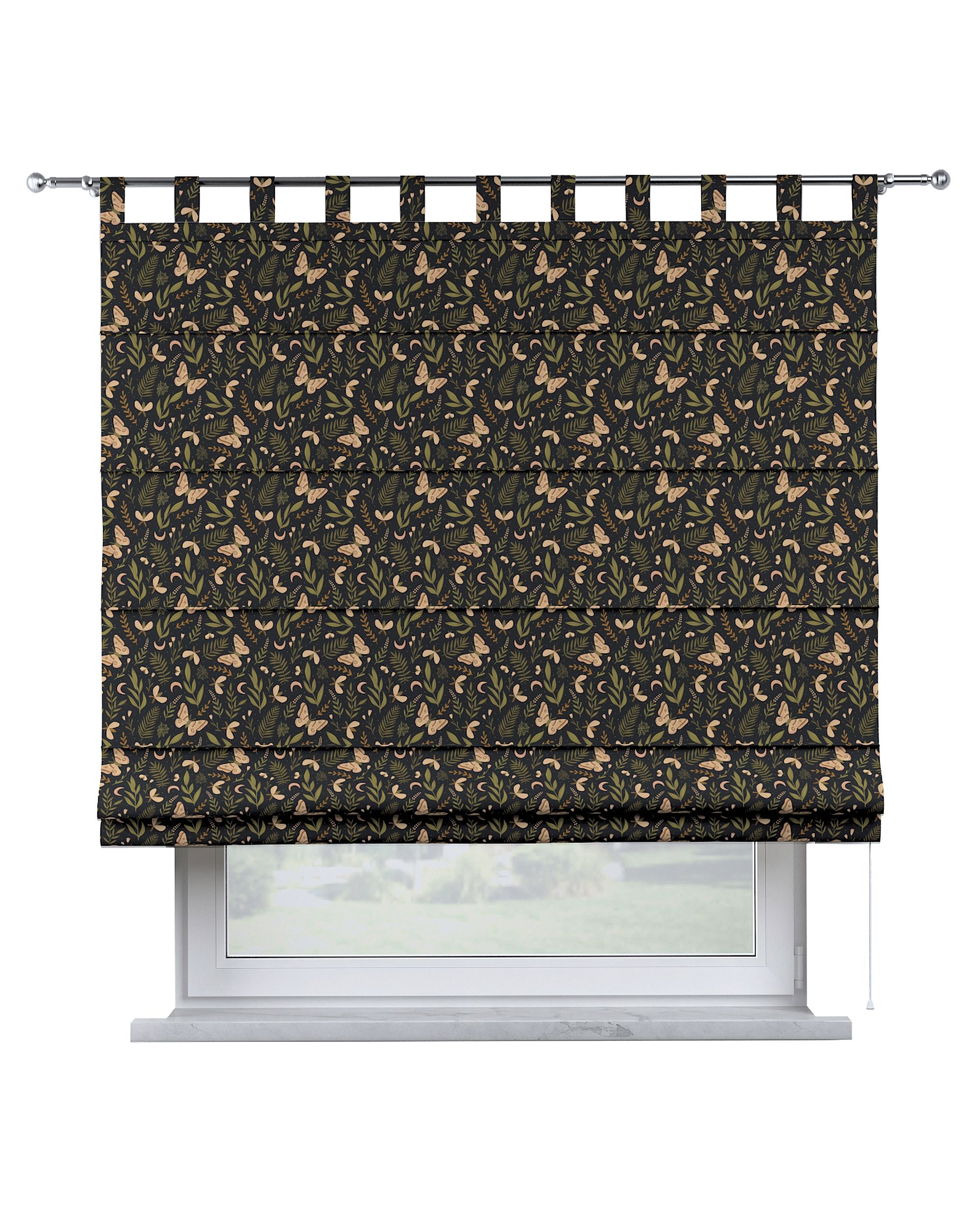 Verona tab top Roman blind colour black fabric patterned
