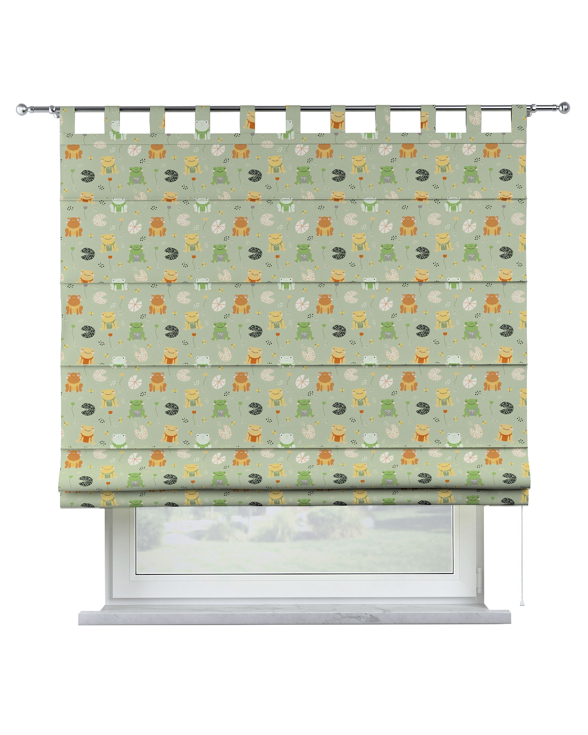 Verona tab top Roman blind colour green fabric patterned